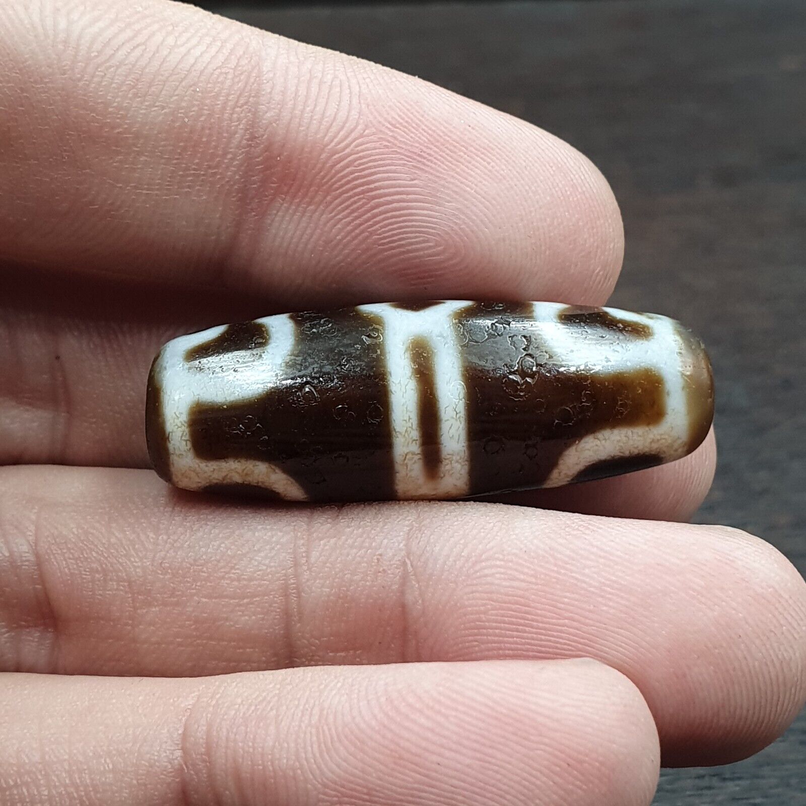 Tibetan Old Agate Dzi Bead Unique Pattern Amulet Pendant STB-12