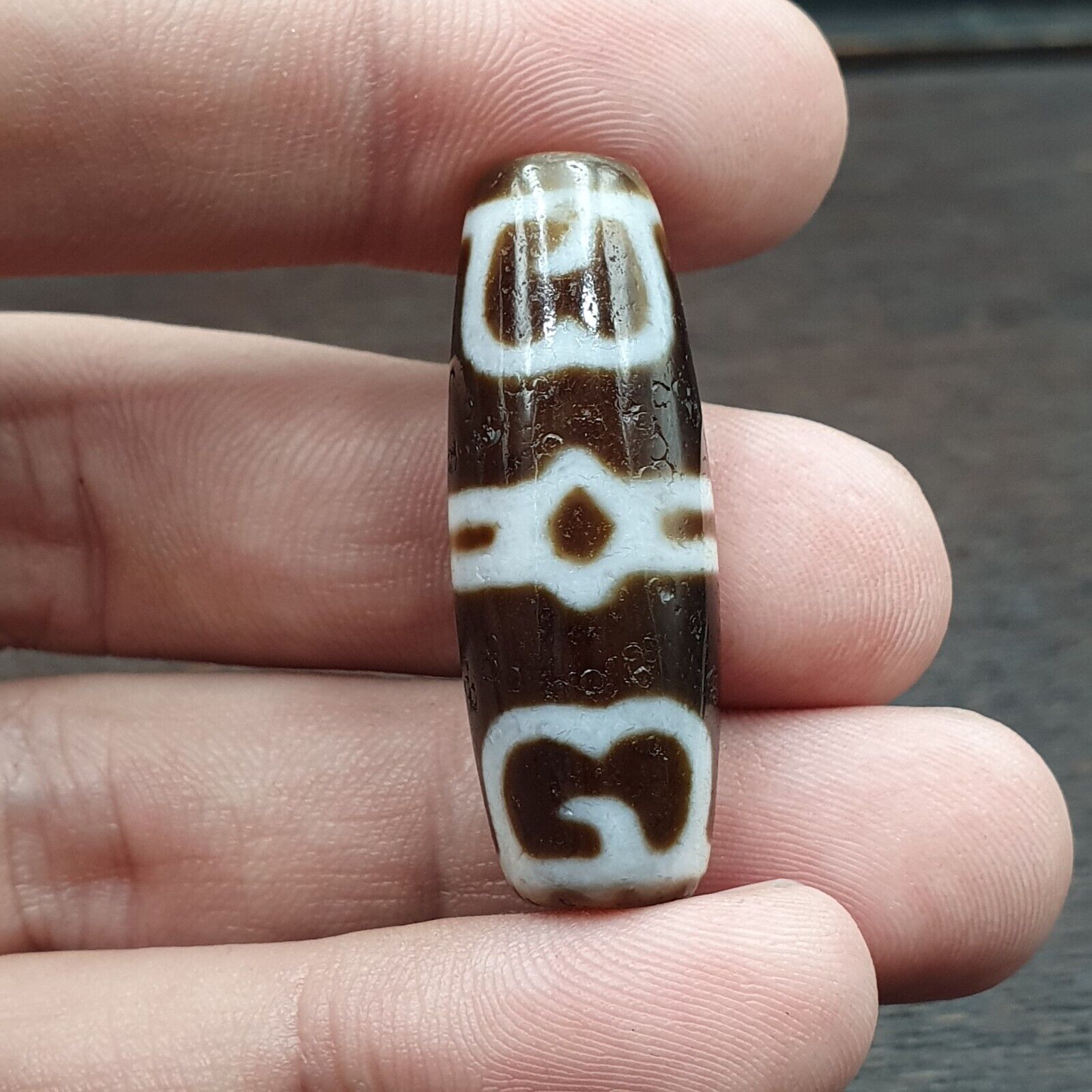 Tibetan Old Agate Dzi Bead Unique Pattern Amulet Pendant STB-12