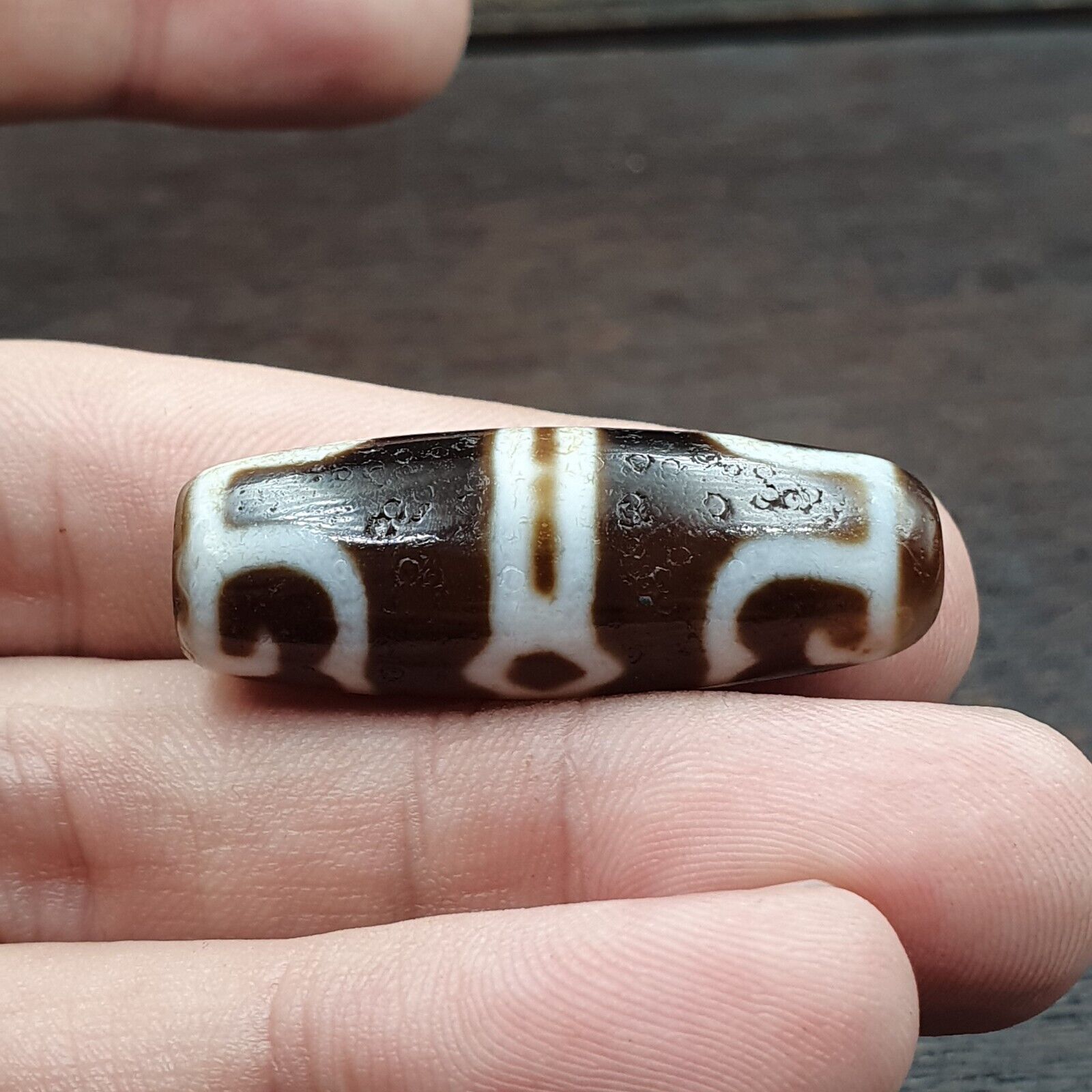 Tibetan Old Agate Dzi Bead Unique Pattern Amulet Pendant STB-12