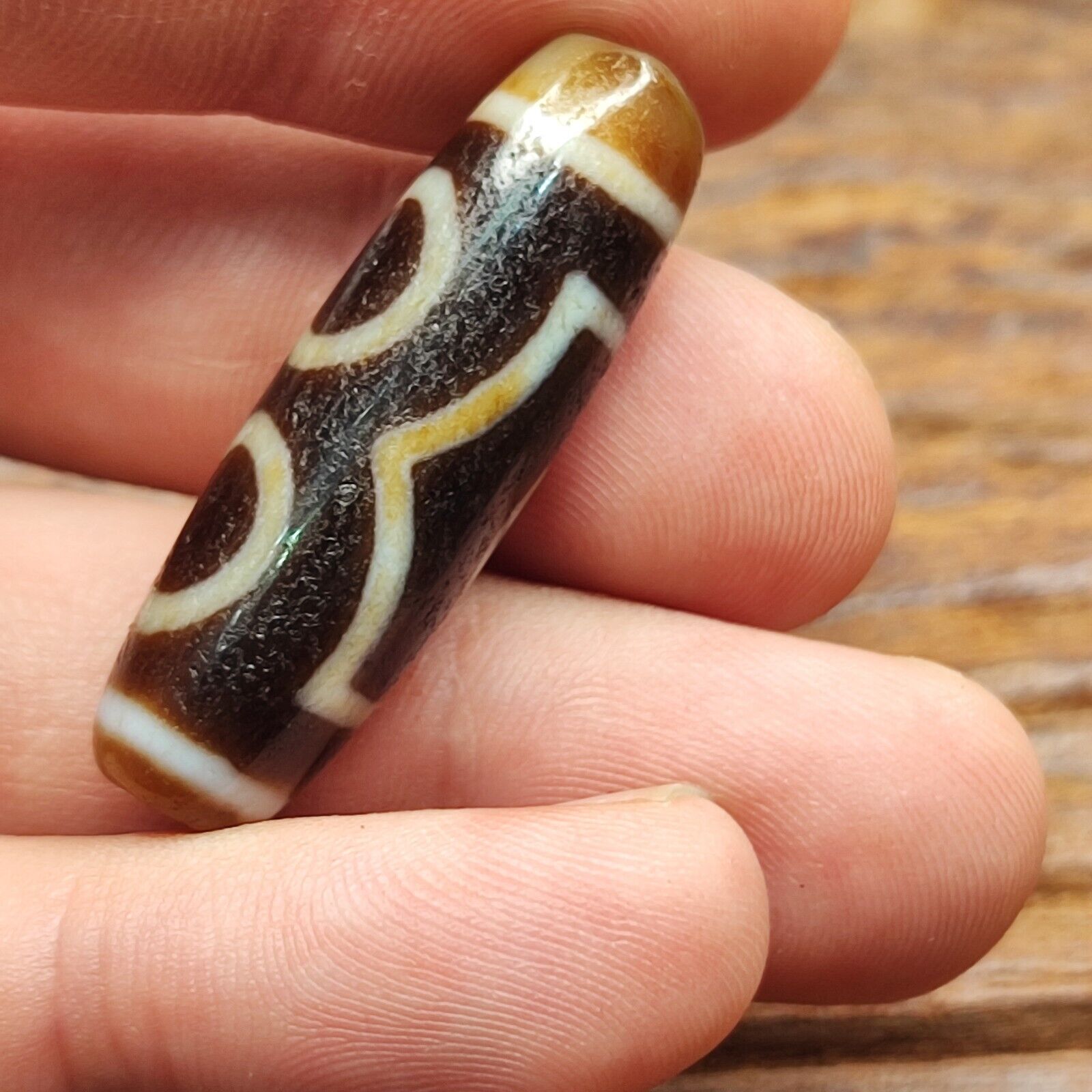 Antique Old Tibetan 3 Circle Eyes in Eye Agate stone Dzi Bead Amulet