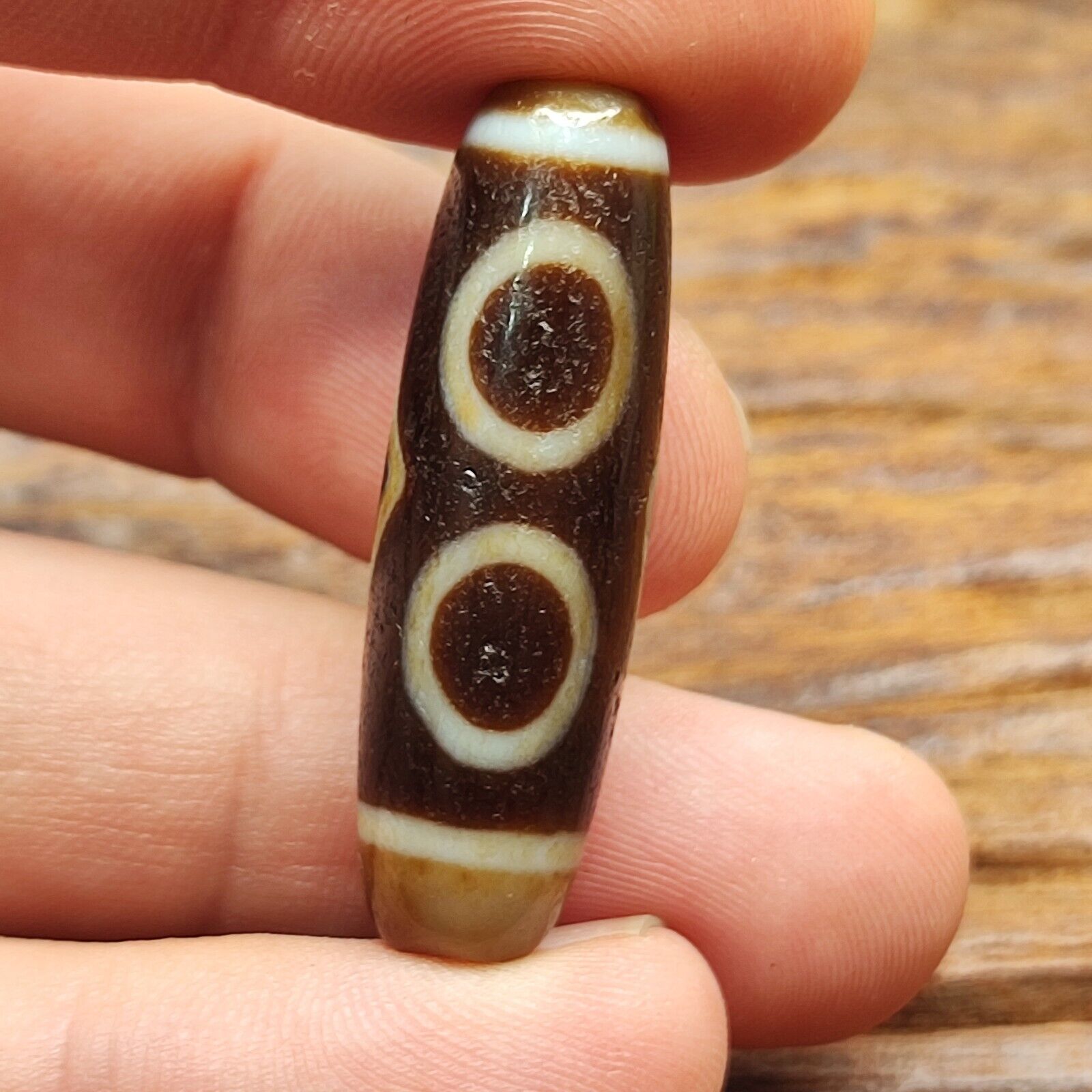 Antique Old Tibetan 3 Circle Eyes in Eye Agate stone Dzi Bead Amulet