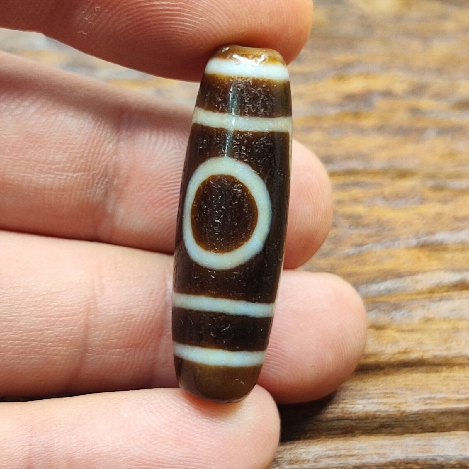Antique Old Tibetan 3 Circle Eyes in Eye Agate stone Dzi Bead Amulet