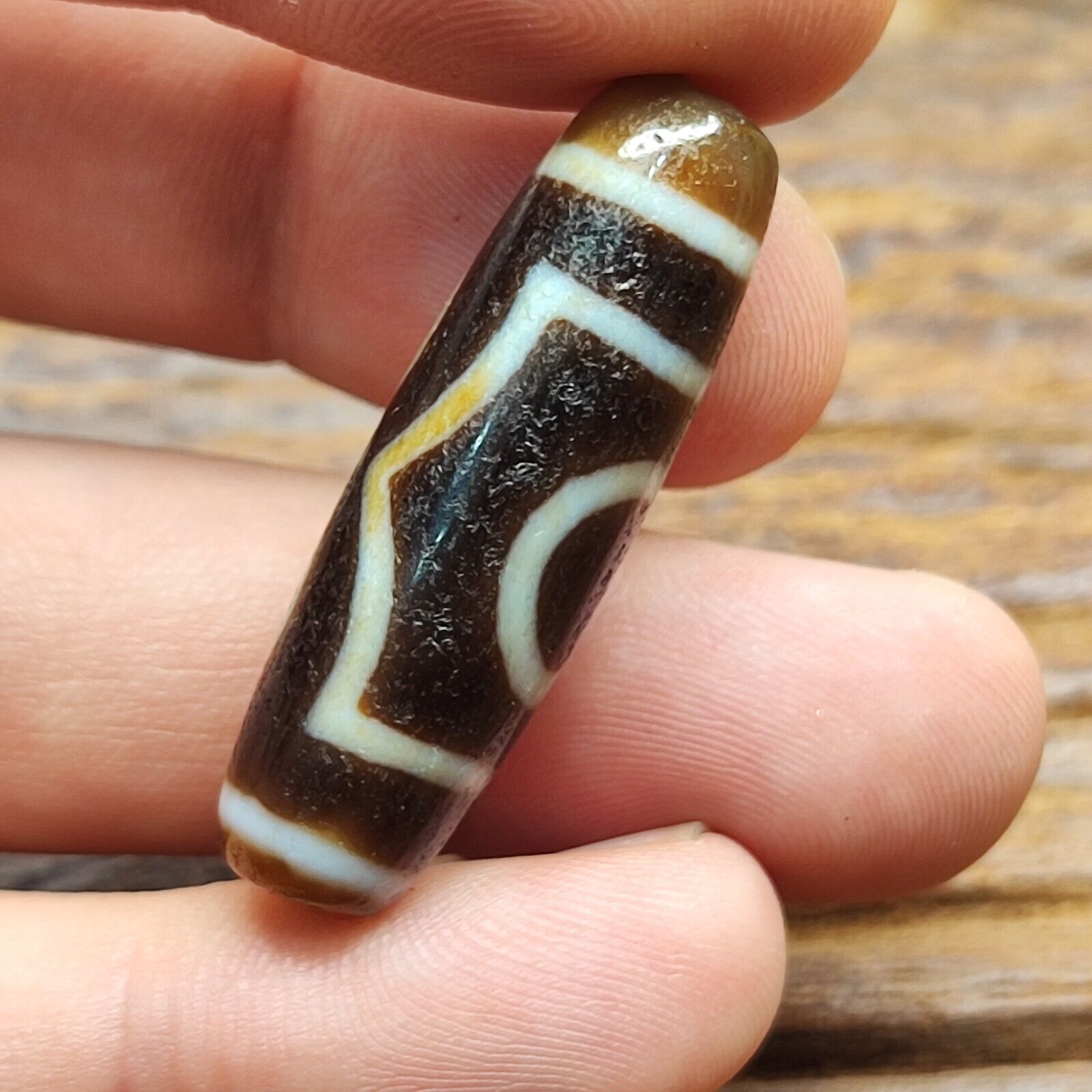 Antique Old Tibetan 3 Circle Eyes in Eye Agate stone Dzi Bead Amulet