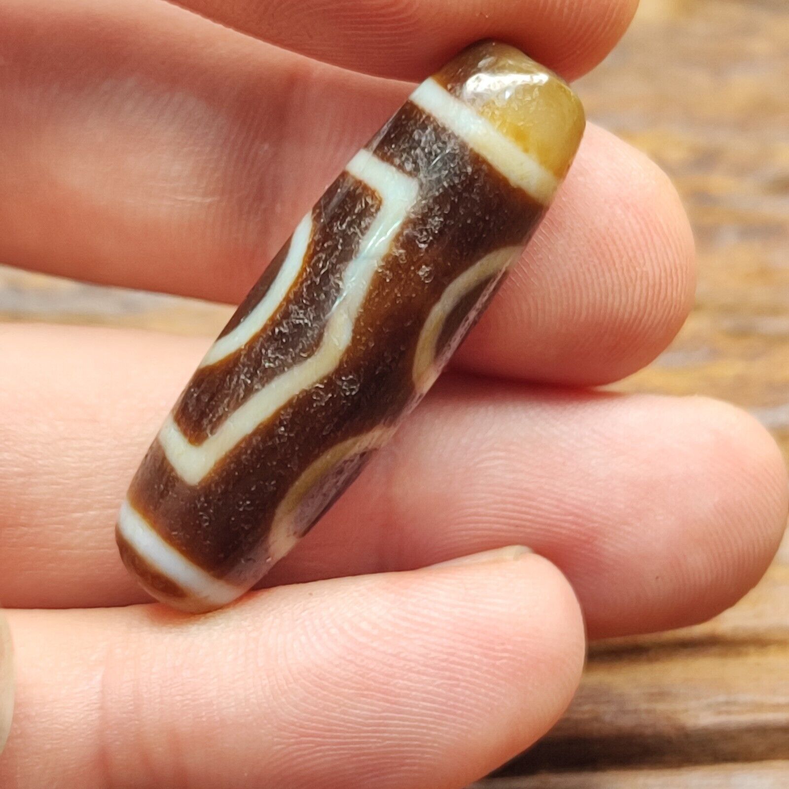 Antique Old Tibetan 3 Circle Eyes in Eye Agate stone Dzi Bead Amulet