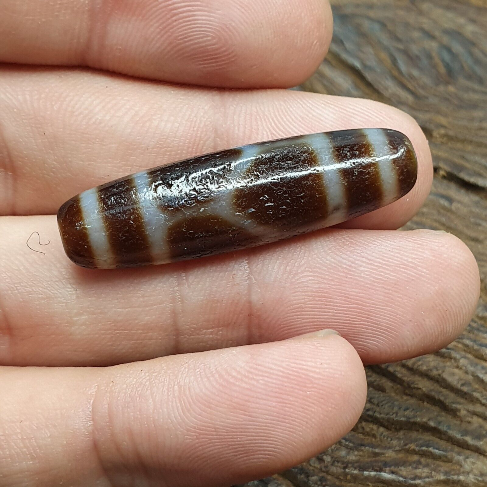 Antique Old Tibetan 6 Football pattern Eyes Agate stone Dzi Bead Amulet CT-3
