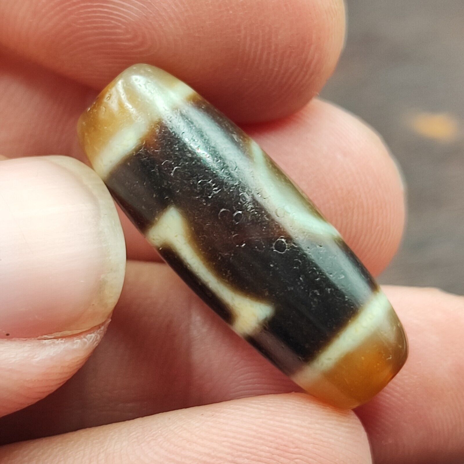 Antique Old Tibetan 1Circle Eyes 1 Aquare Eye Agate stone Dzi Bead Amulet 121