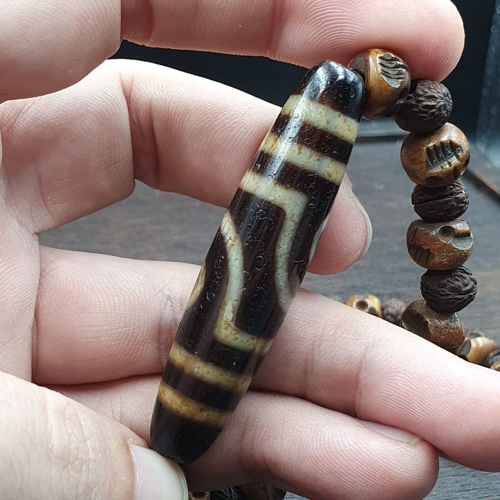 Antique Old Himalayan Indo Tibetan Agate Beads Unique pattern Dzi Necklace