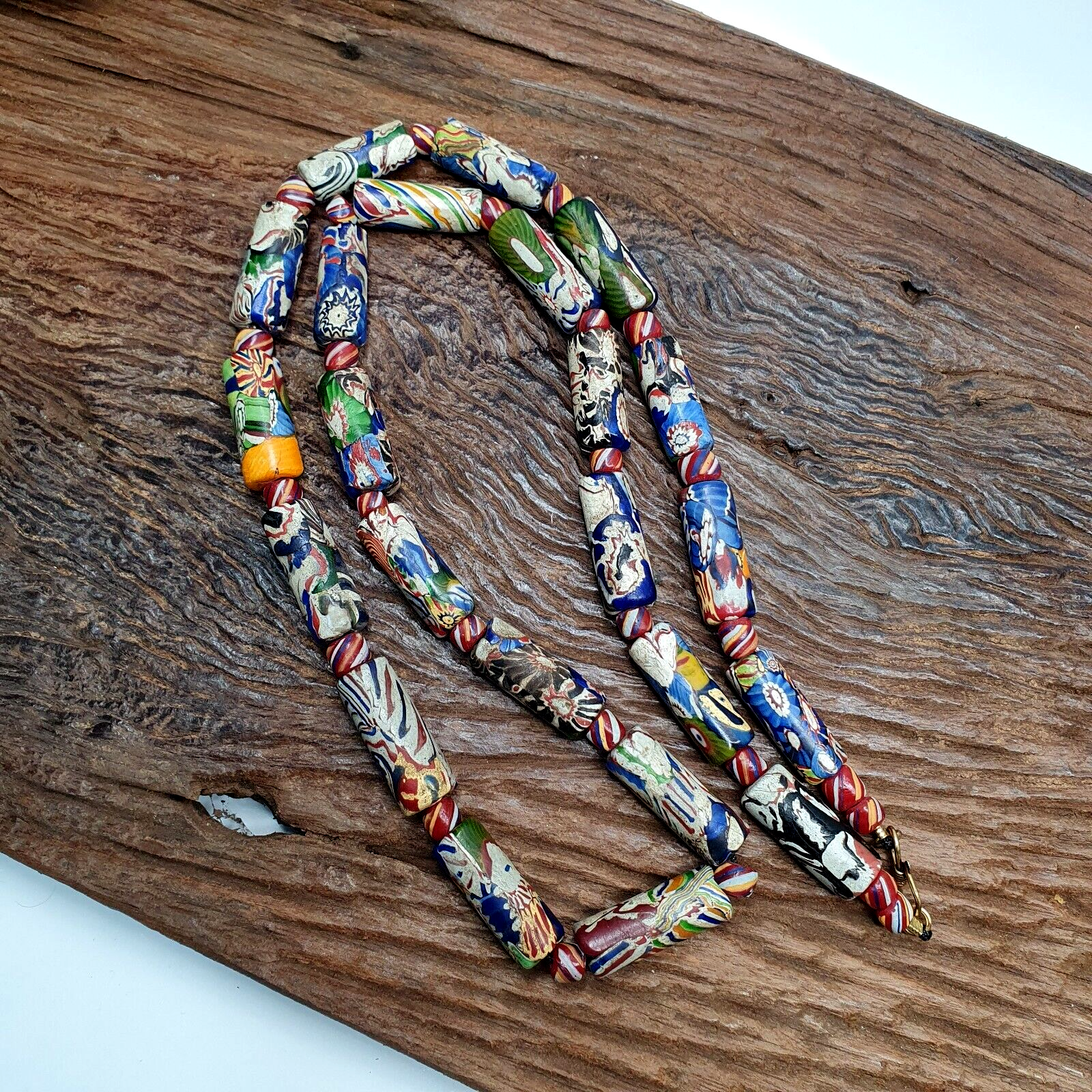 Vintage Venetian Style Mosaic glass Beads Extra Long Necklace