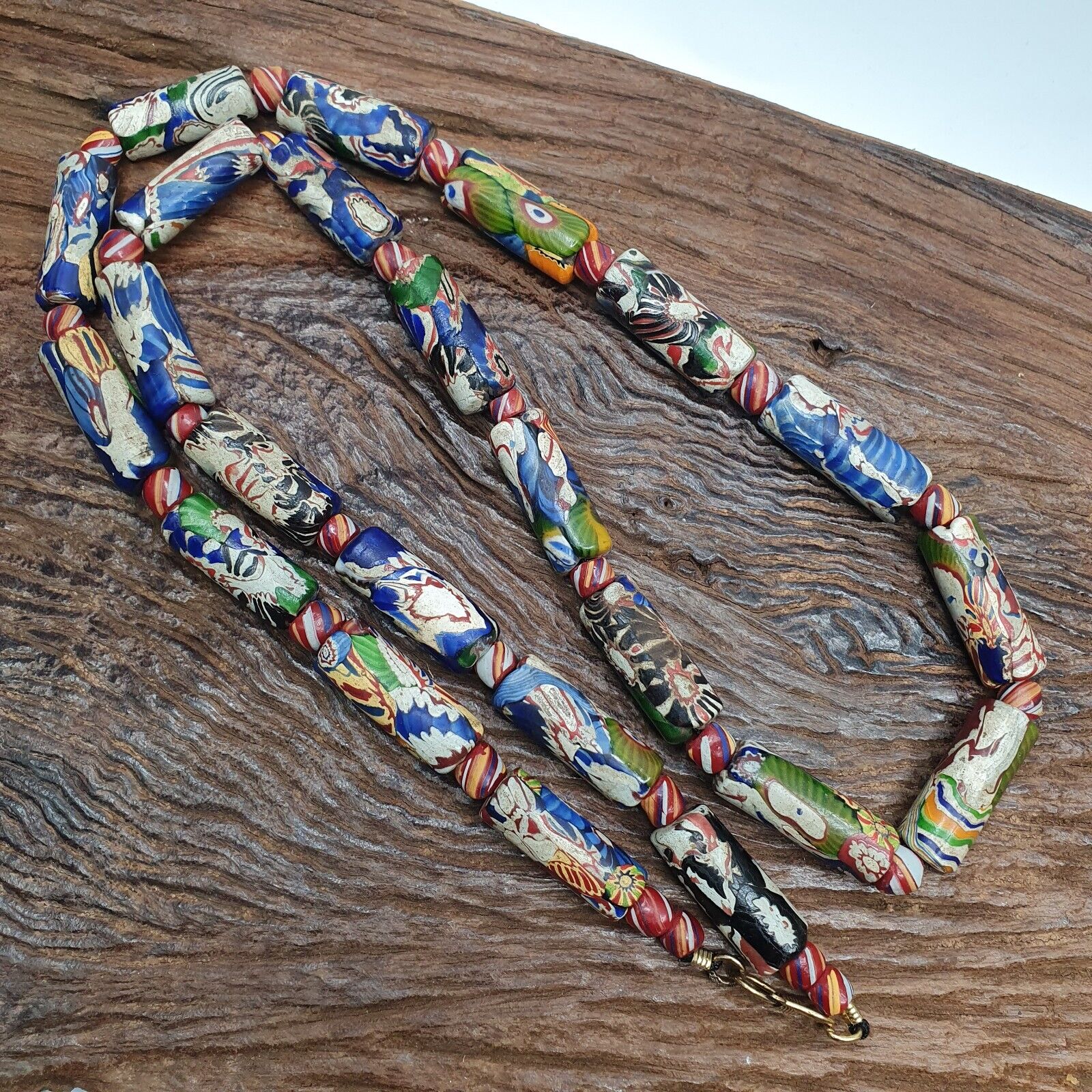Vintage Venetian Style Mosaic glass Beads Extra Long Necklace