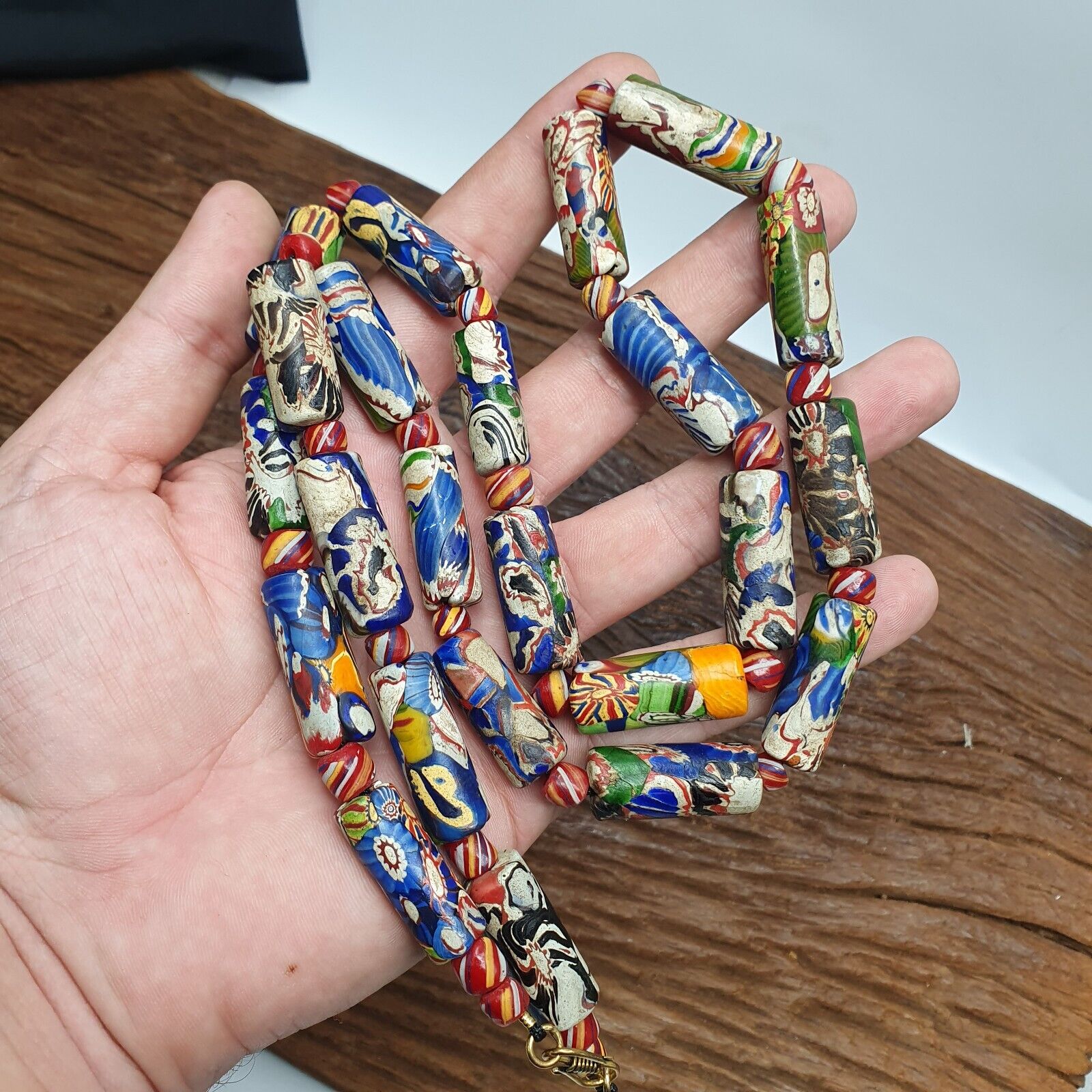 Vintage Venetian Style Mosaic glass Beads Extra Long Necklace