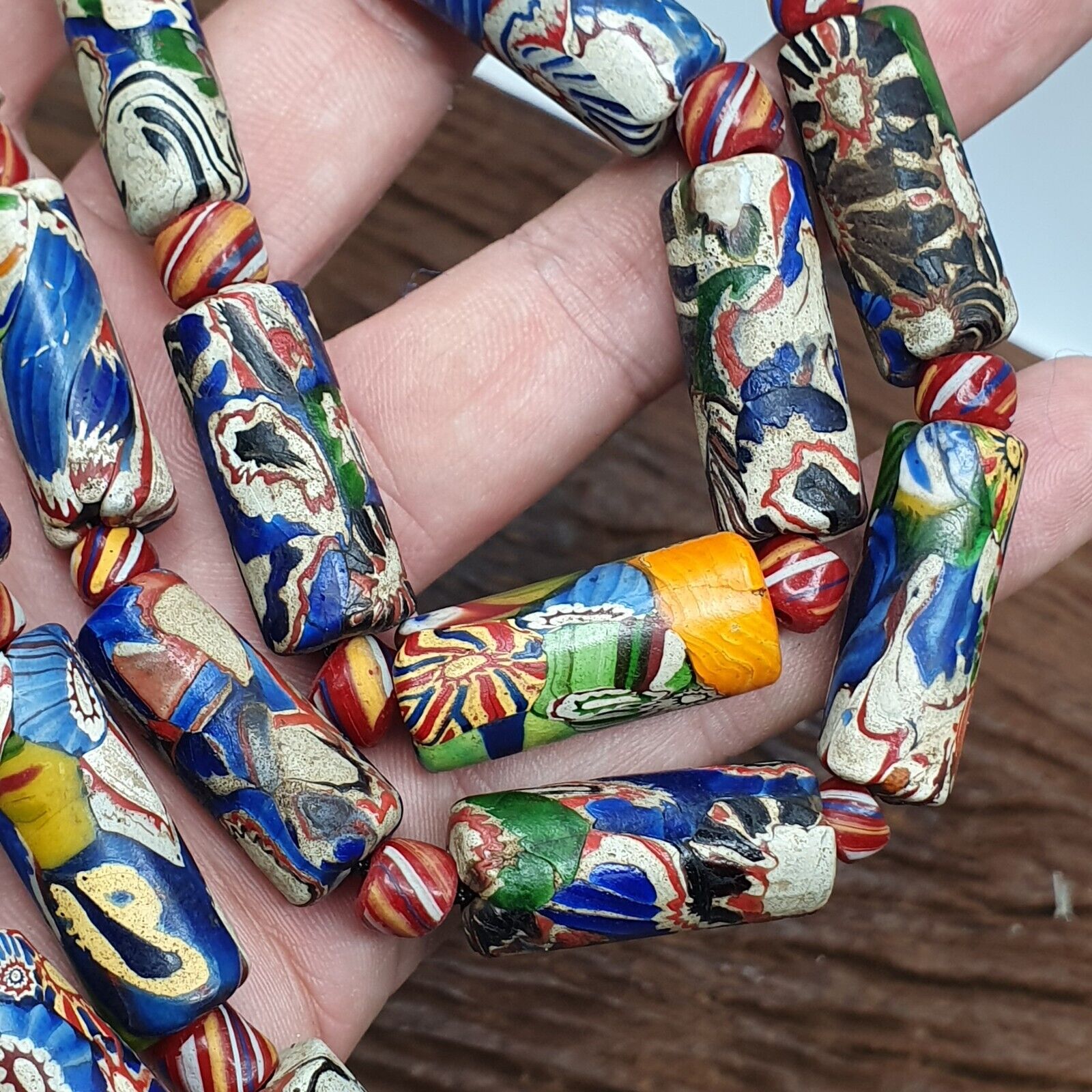 Vintage Venetian Style Mosaic glass Beads Extra Long Necklace