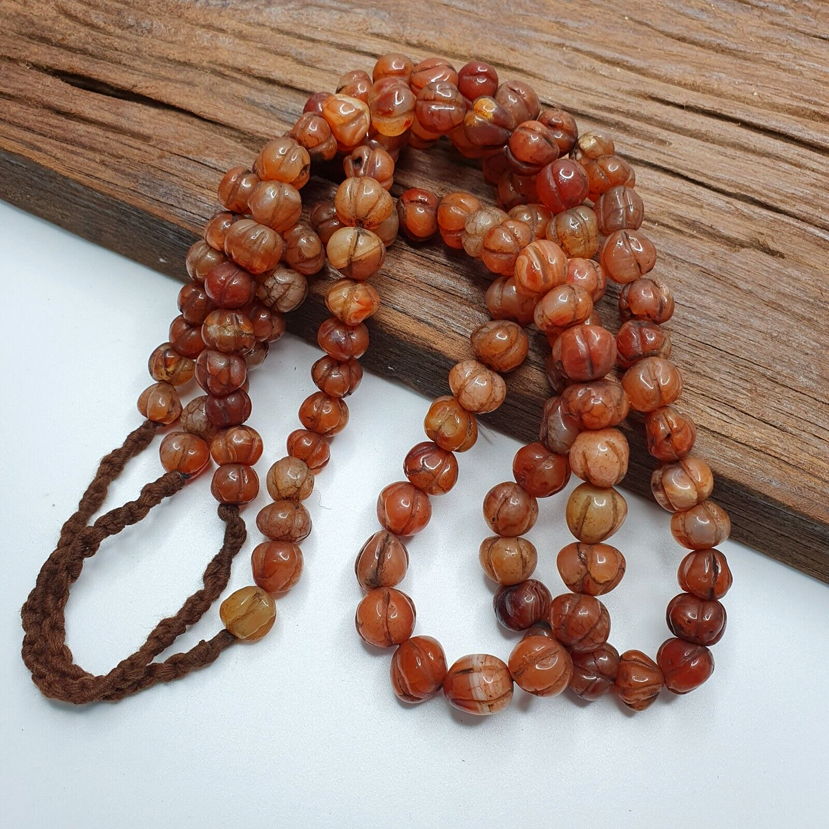 2 Vintage Himalayan Tibetan Carnelian Carved Agate Melon Shape Beads Necklaces