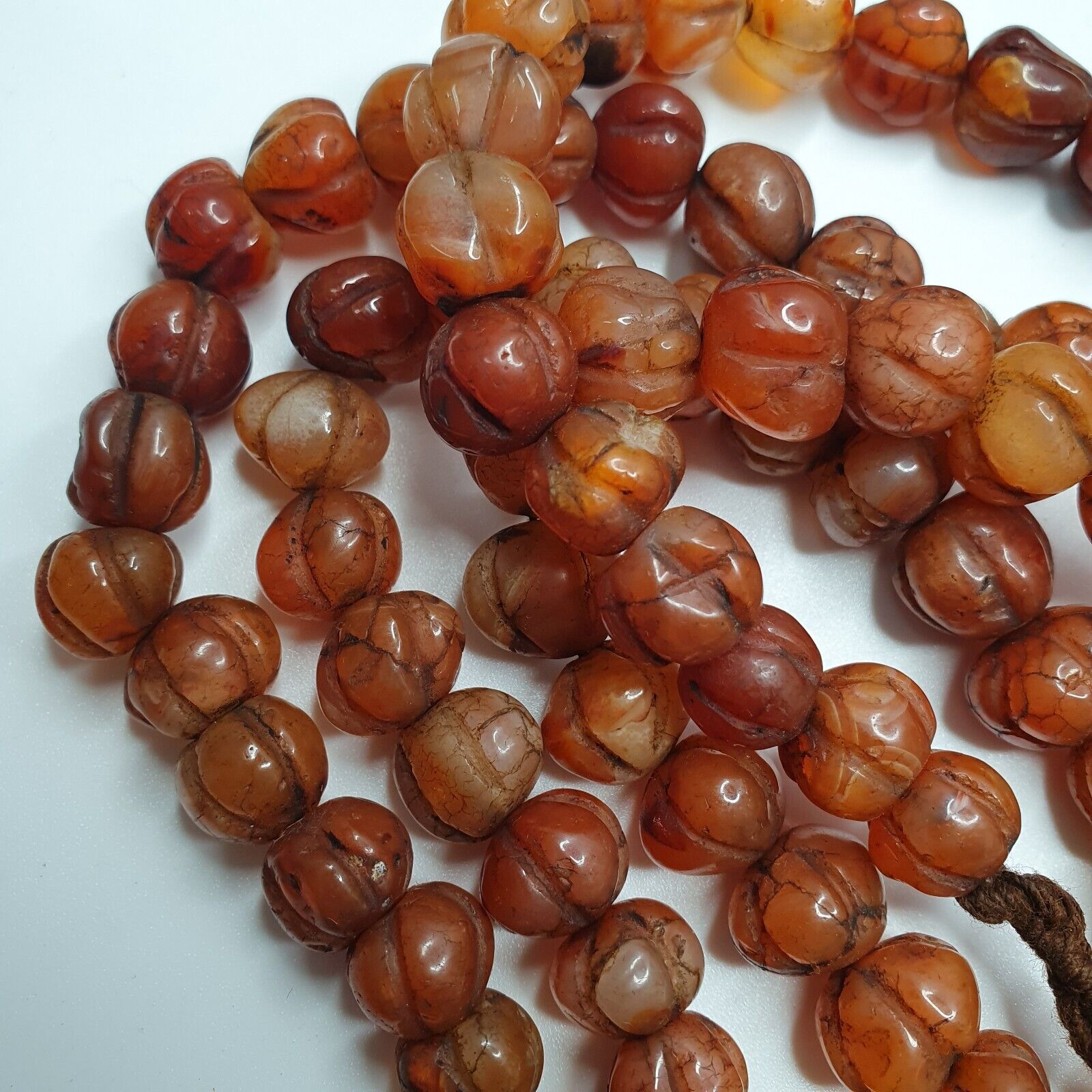 2 Vintage Himalayan Tibetan Carnelian Carved Agate Melon Shape Beads Necklaces