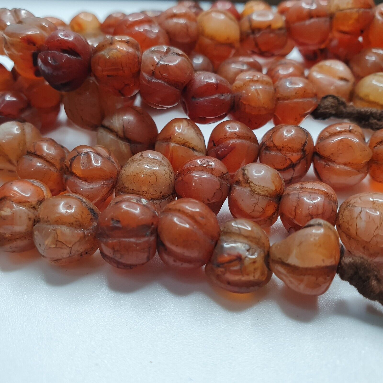 2 Vintage Himalayan Tibetan Carnelian Carved Agate Melon Shape Beads Necklaces