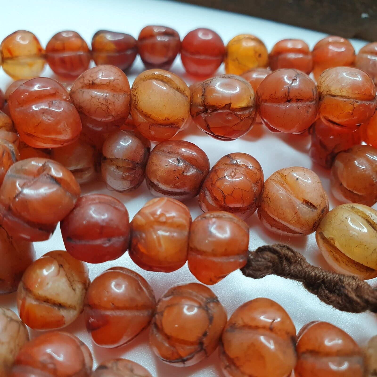 2 Vintage Himalayan Tibetan Carnelian Carved Agate Melon Shape Beads Necklaces