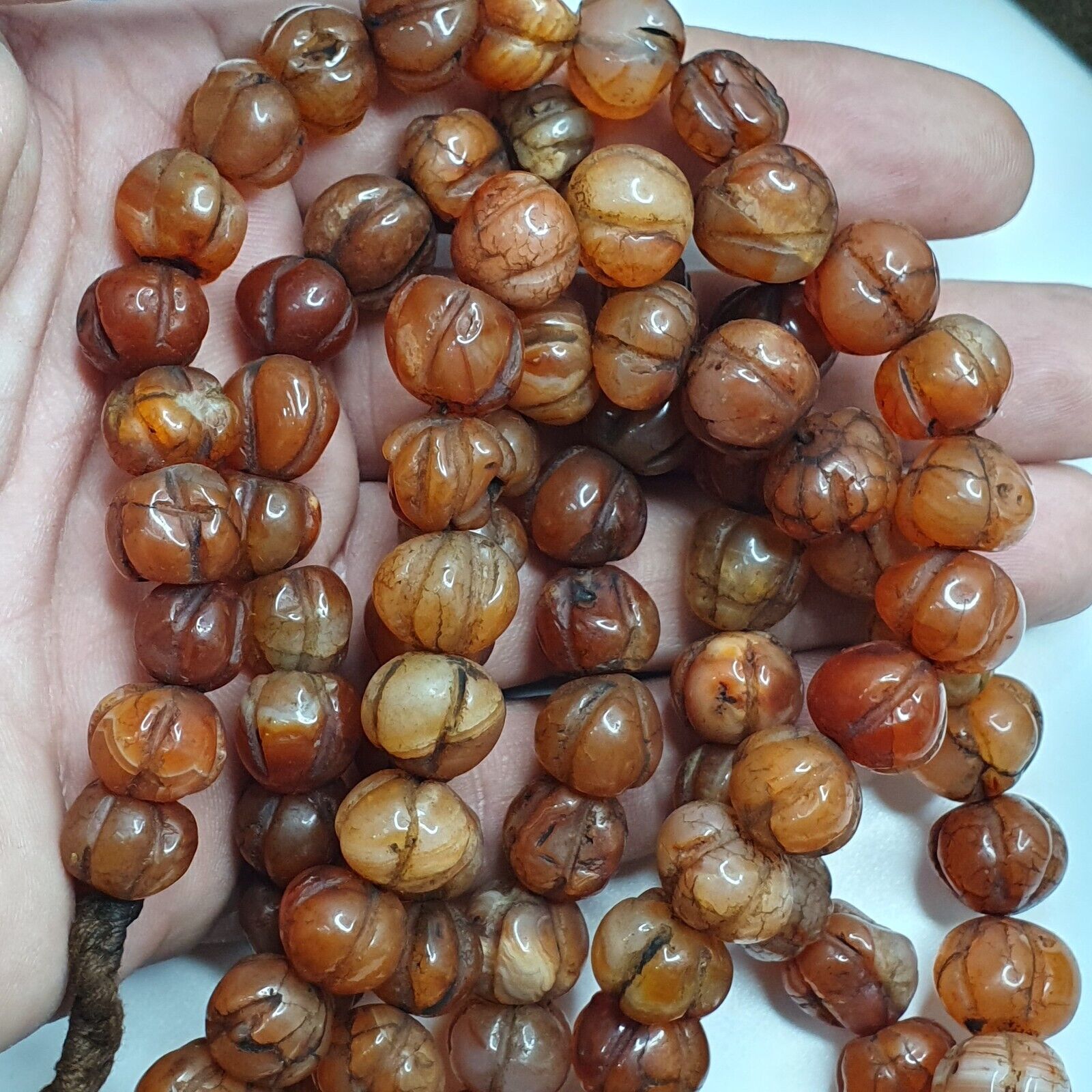 2 Vintage Himalayan Tibetan Carnelian Carved Agate Melon Shape Beads Necklaces