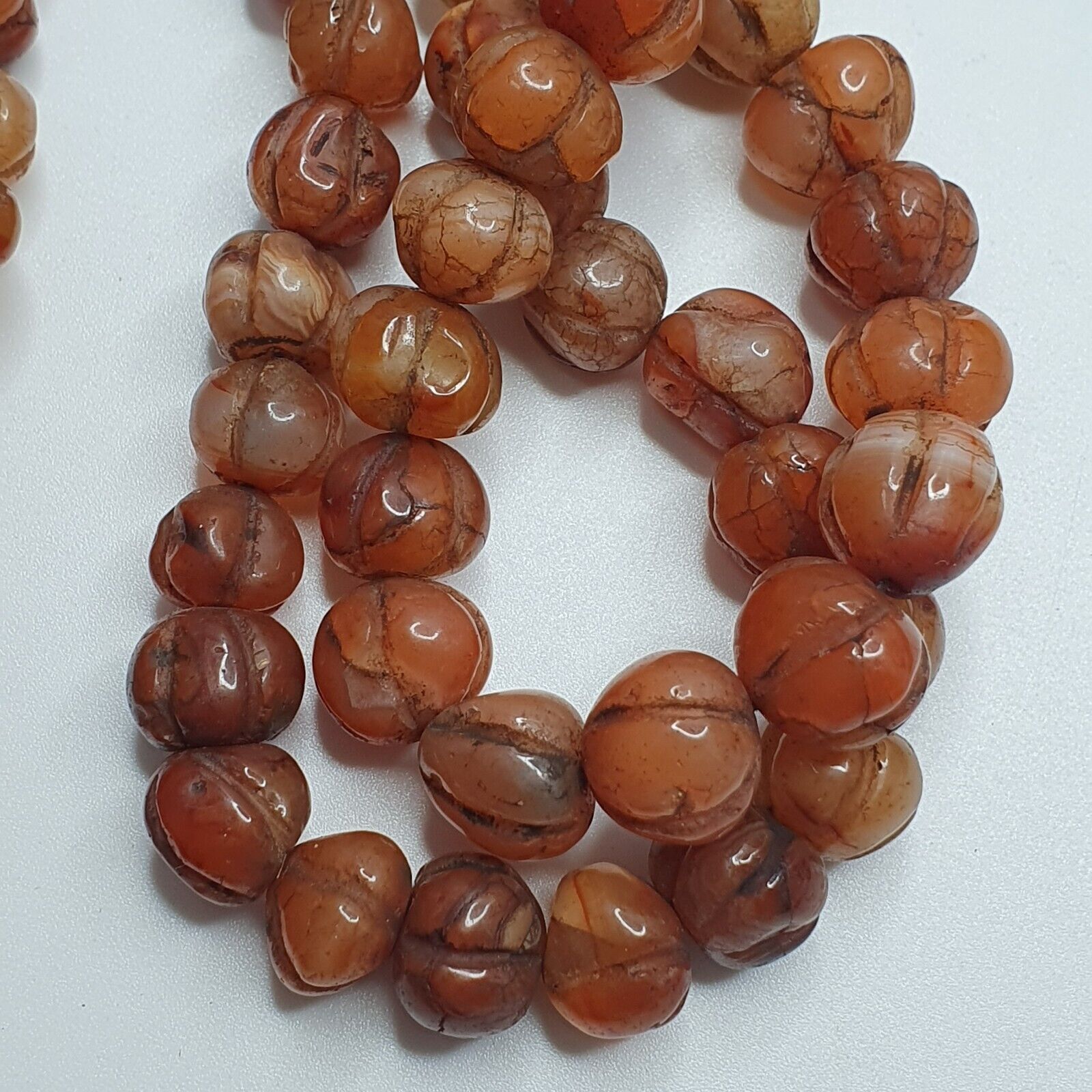 2 Vintage Himalayan Tibetan Carnelian Carved Agate Melon Shape Beads Necklaces