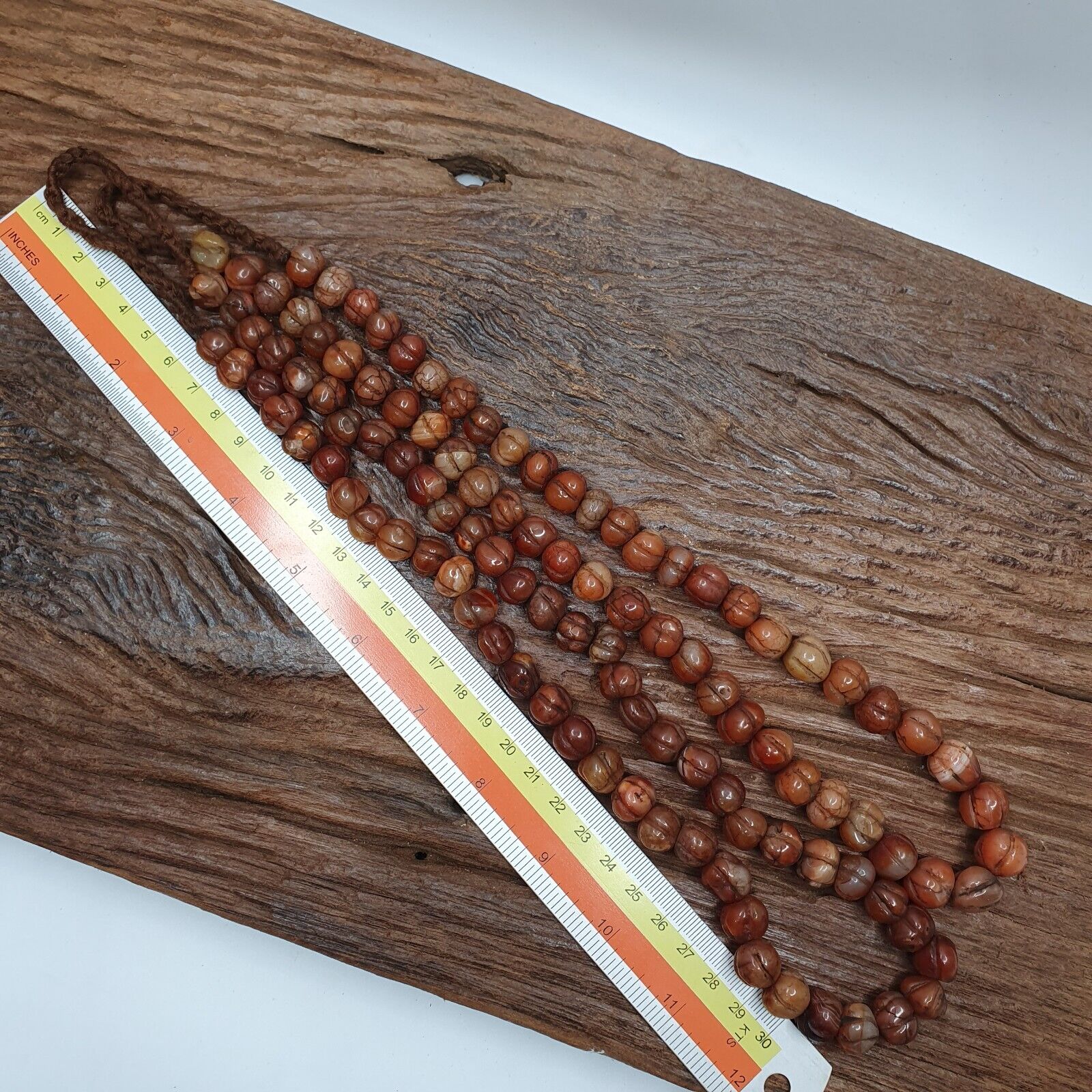 2 Vintage Himalayan Tibetan Carnelian Carved Agate Melon Shape Beads Necklaces