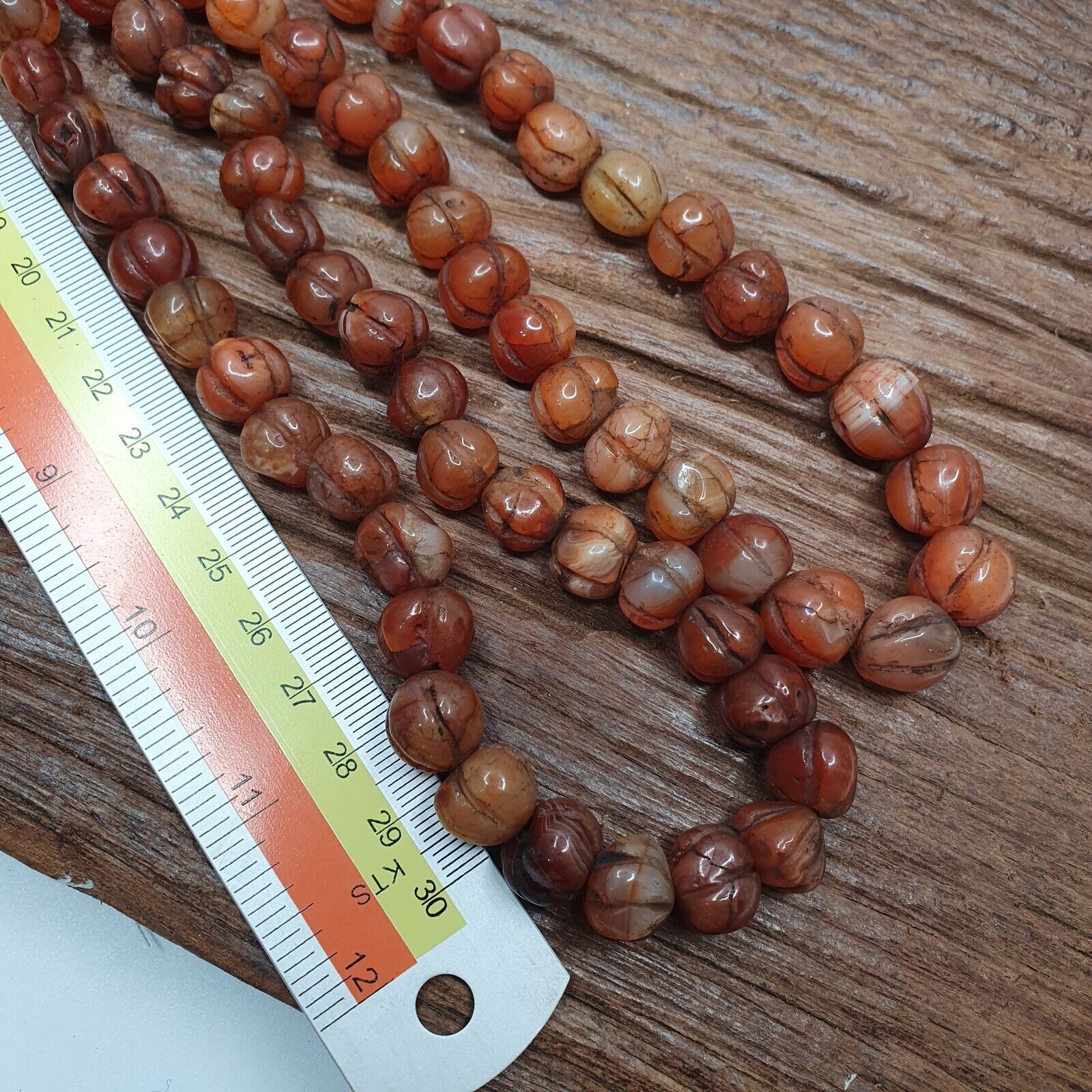 2 Vintage Himalayan Tibetan Carnelian Carved Agate Melon Shape Beads Necklaces