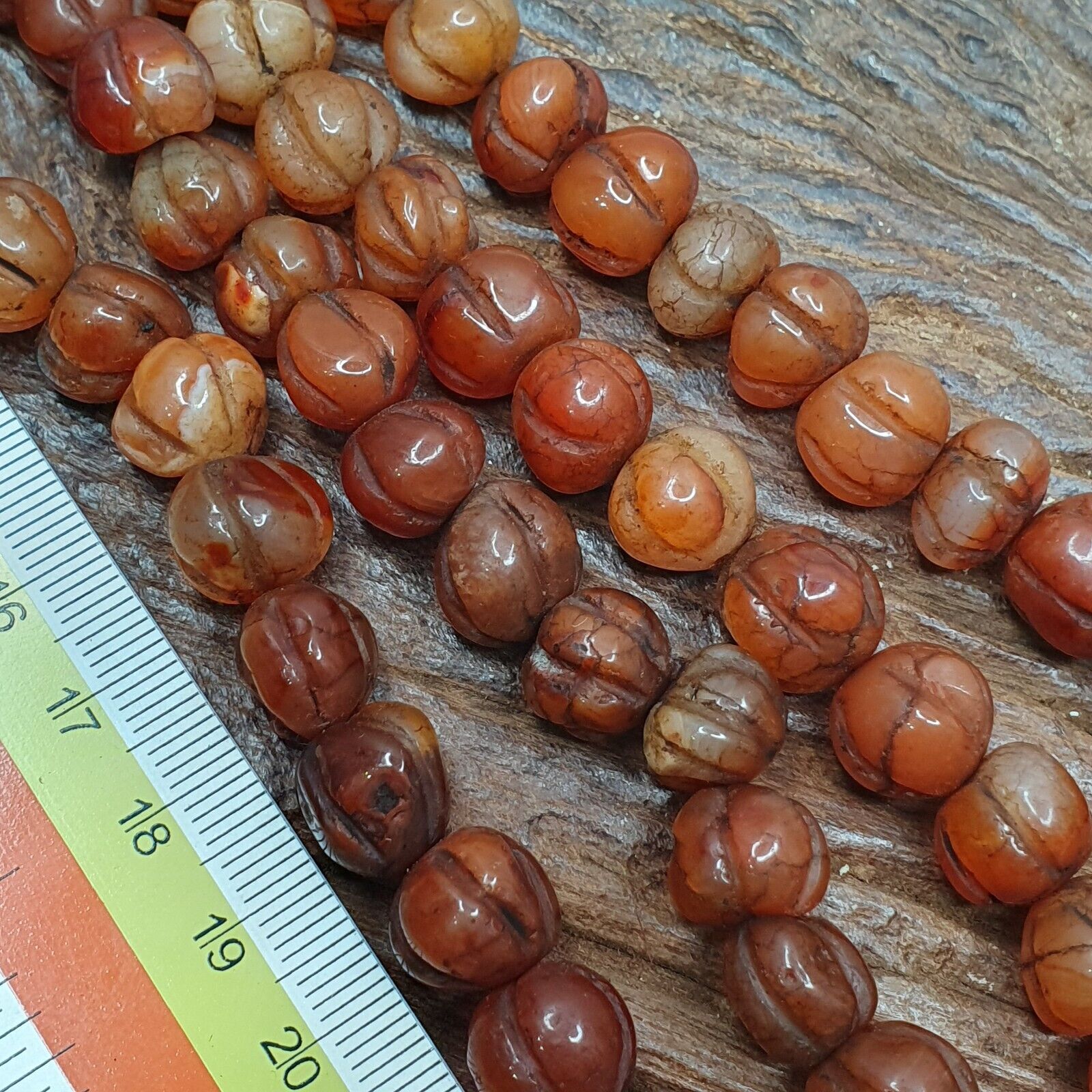 2 Vintage Himalayan Tibetan Carnelian Carved Agate Melon Shape Beads Necklaces