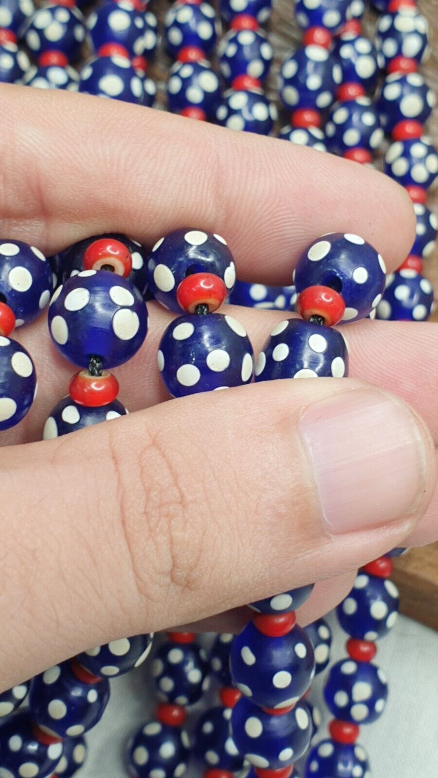 Venetian red Whiteheart and venetian Inspired Blue Skunk Glass Beads Necklace