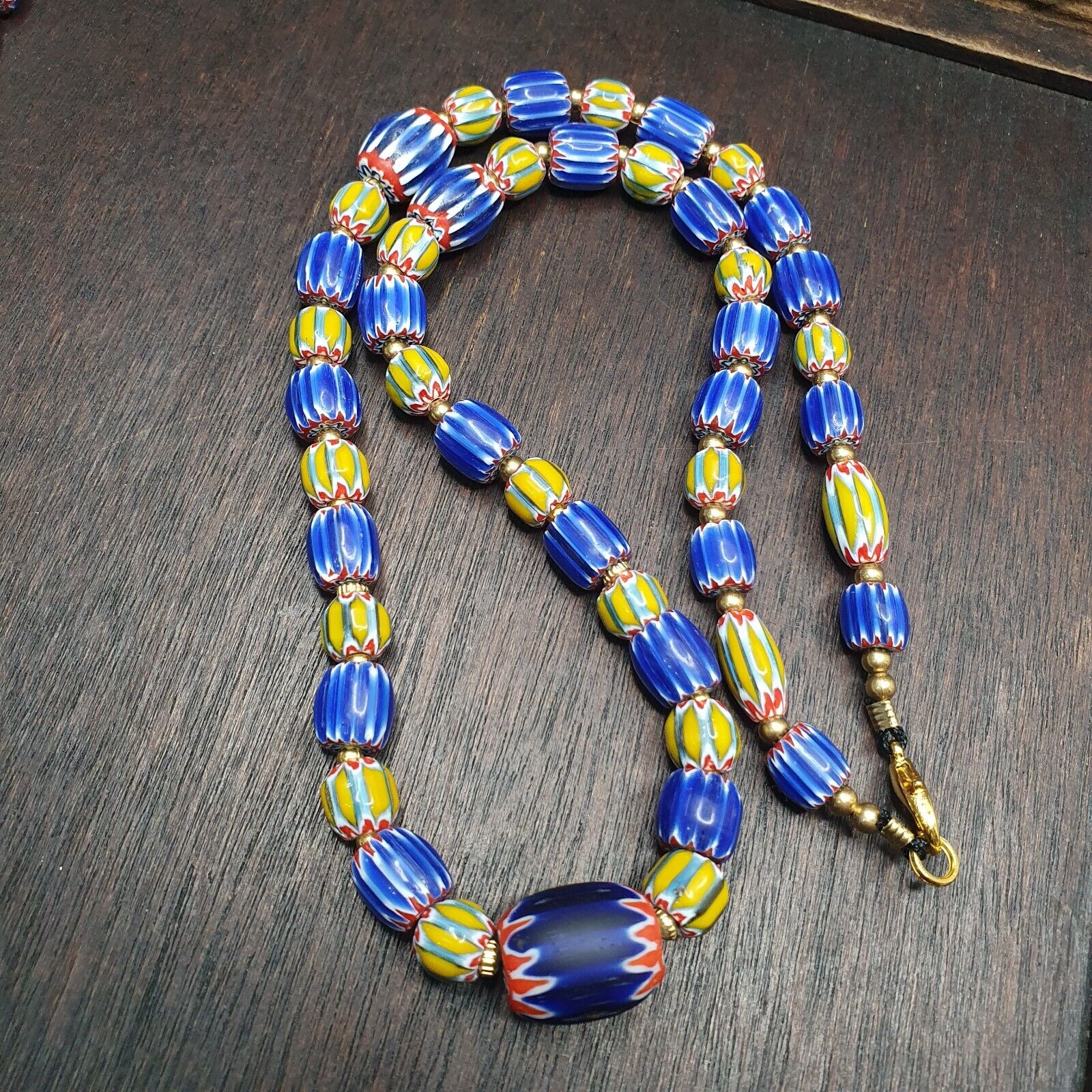 Vintage Old Blue, yellow Chevron Trade beads Old African Glass Beads Necklace