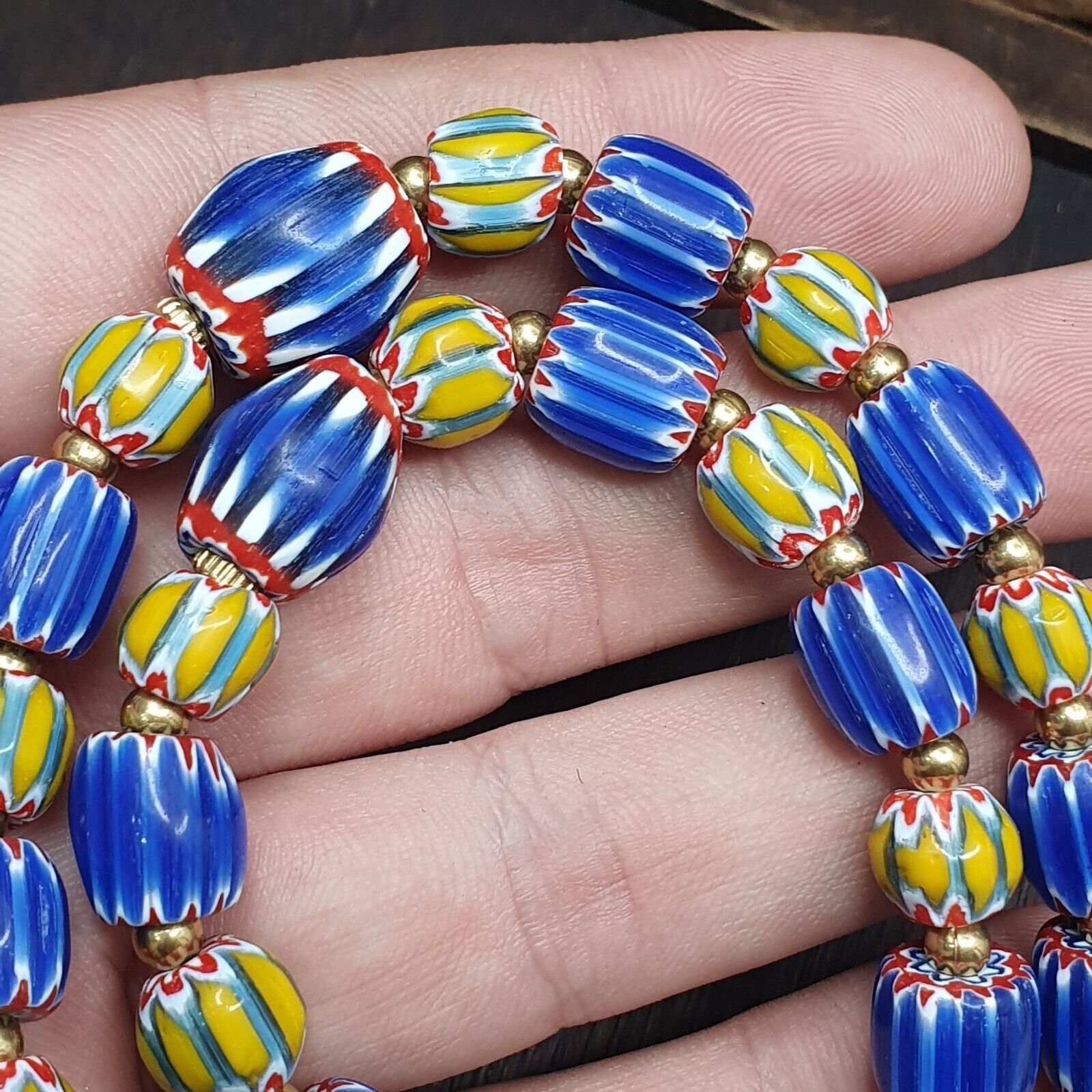 Vintage Old Blue, yellow Chevron Trade beads Old African Glass Beads Necklace