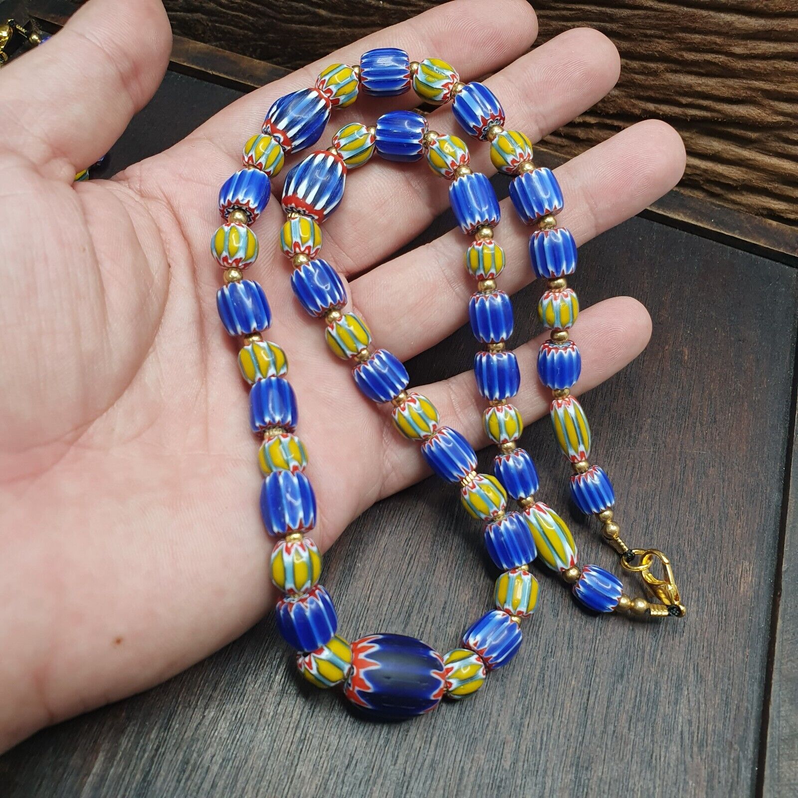 Vintage Old Blue, yellow Chevron Trade beads Old African Glass Beads Necklace