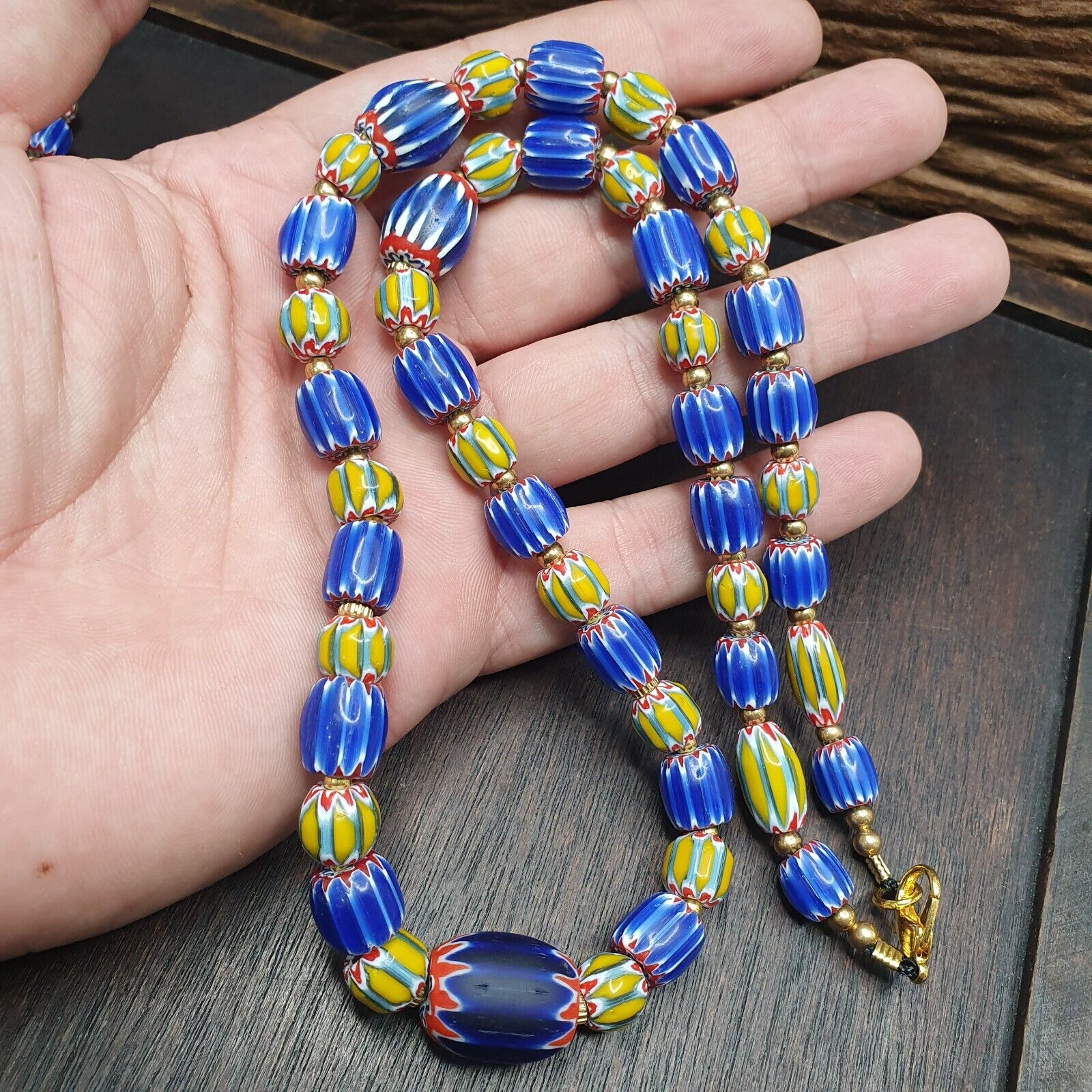 Vintage Old Blue, yellow Chevron Trade beads Old African Glass Beads Necklace