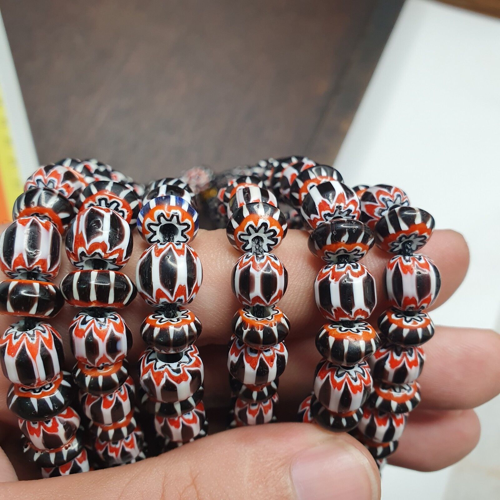 Vintage Black Chevron Venetian style Glass Beads Necklace