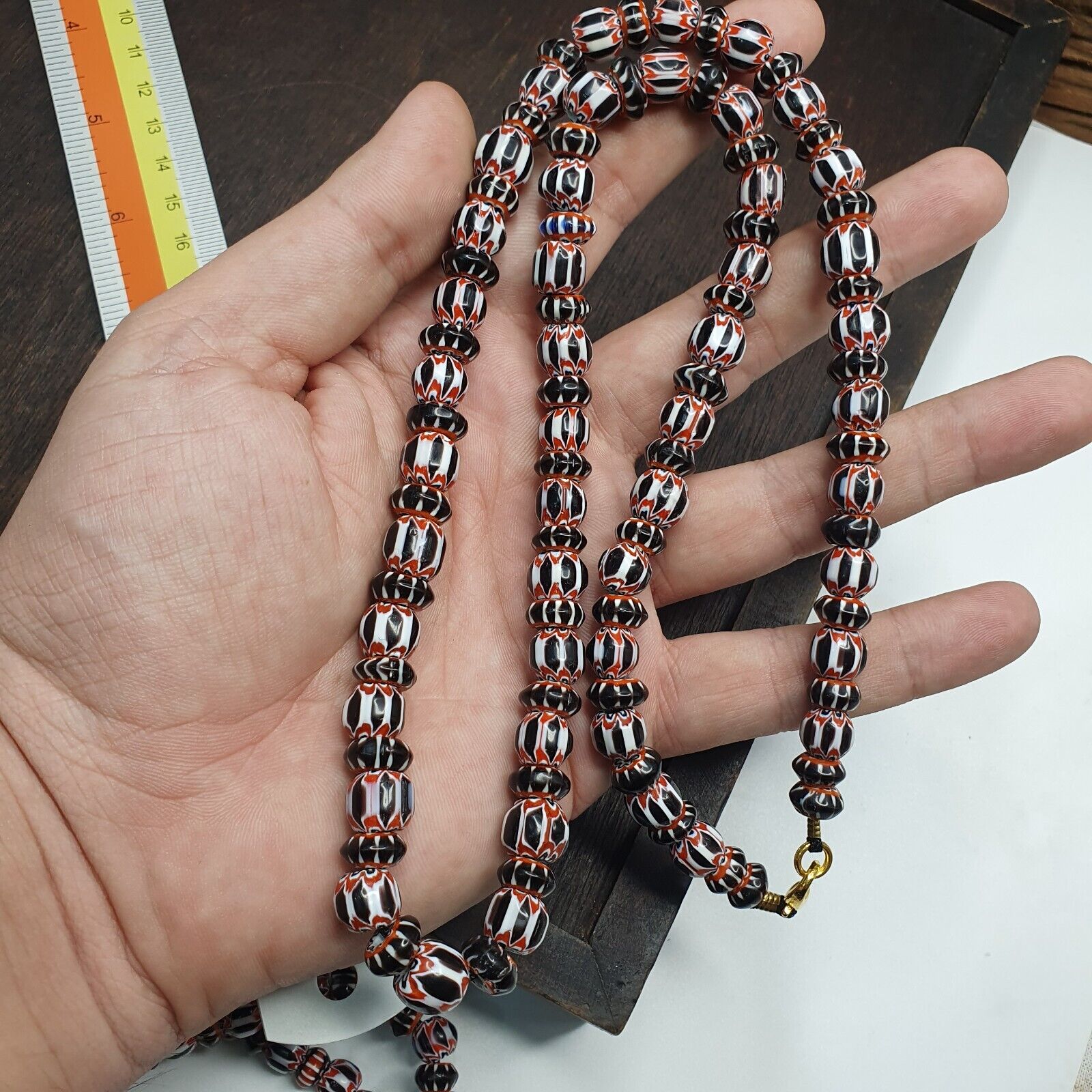 Vintage Black Chevron Venetian style Glass Beads Necklace