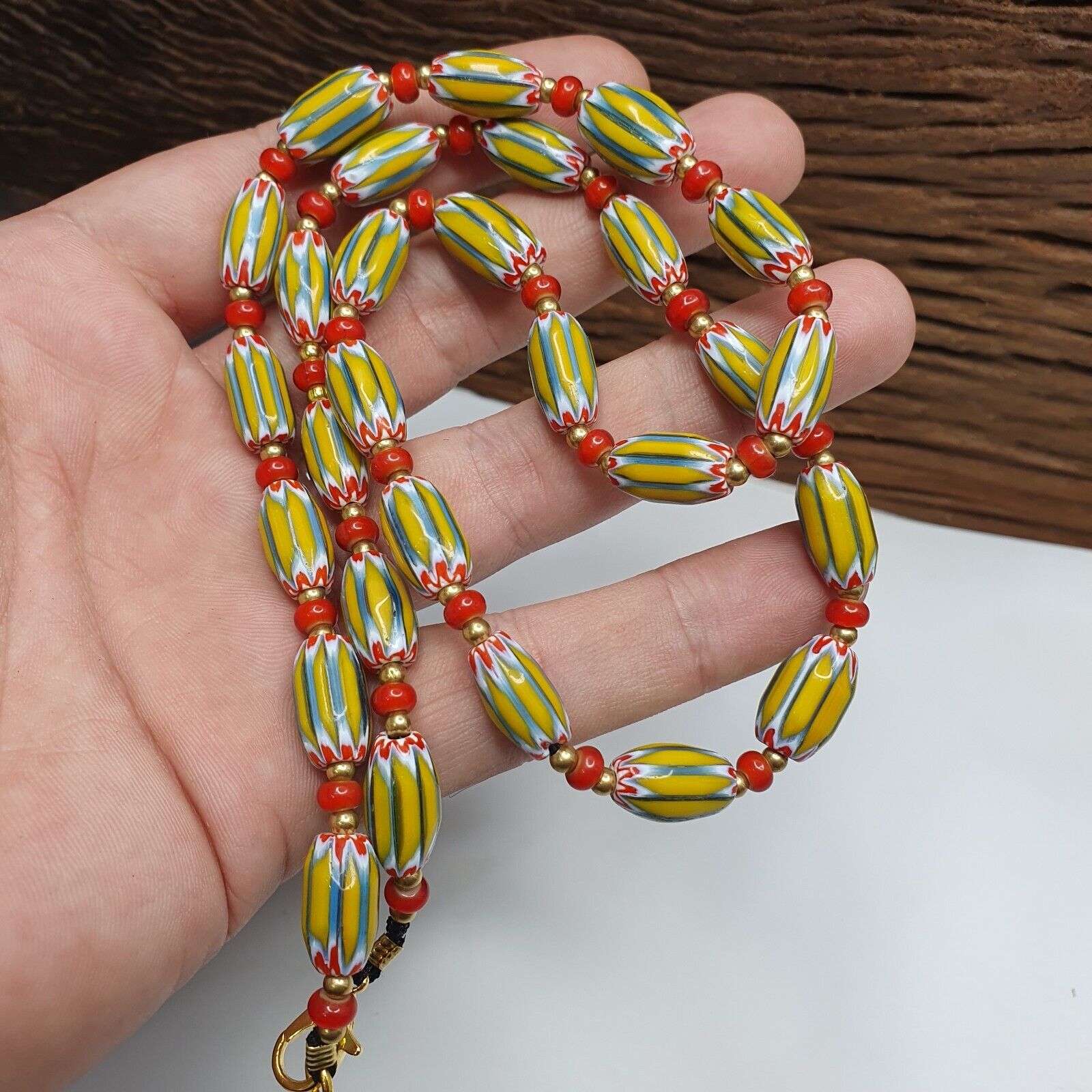 Vintage yellow Chevron whiteheart Trade beads Old African Beads Necklace