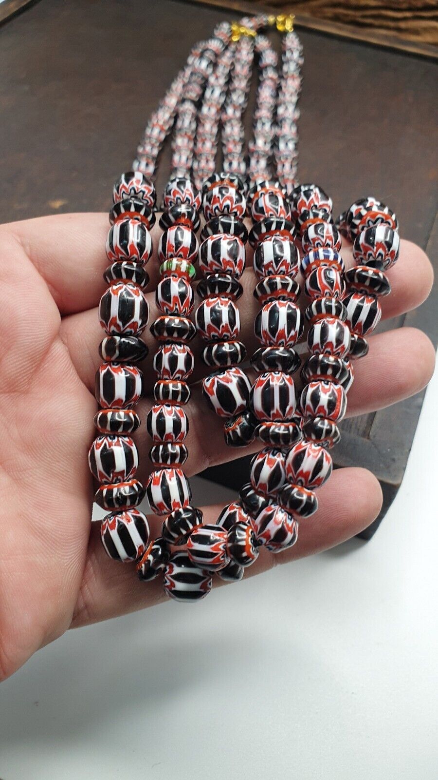 Vintage Black Chevron Venetian style Glass Beads Necklace