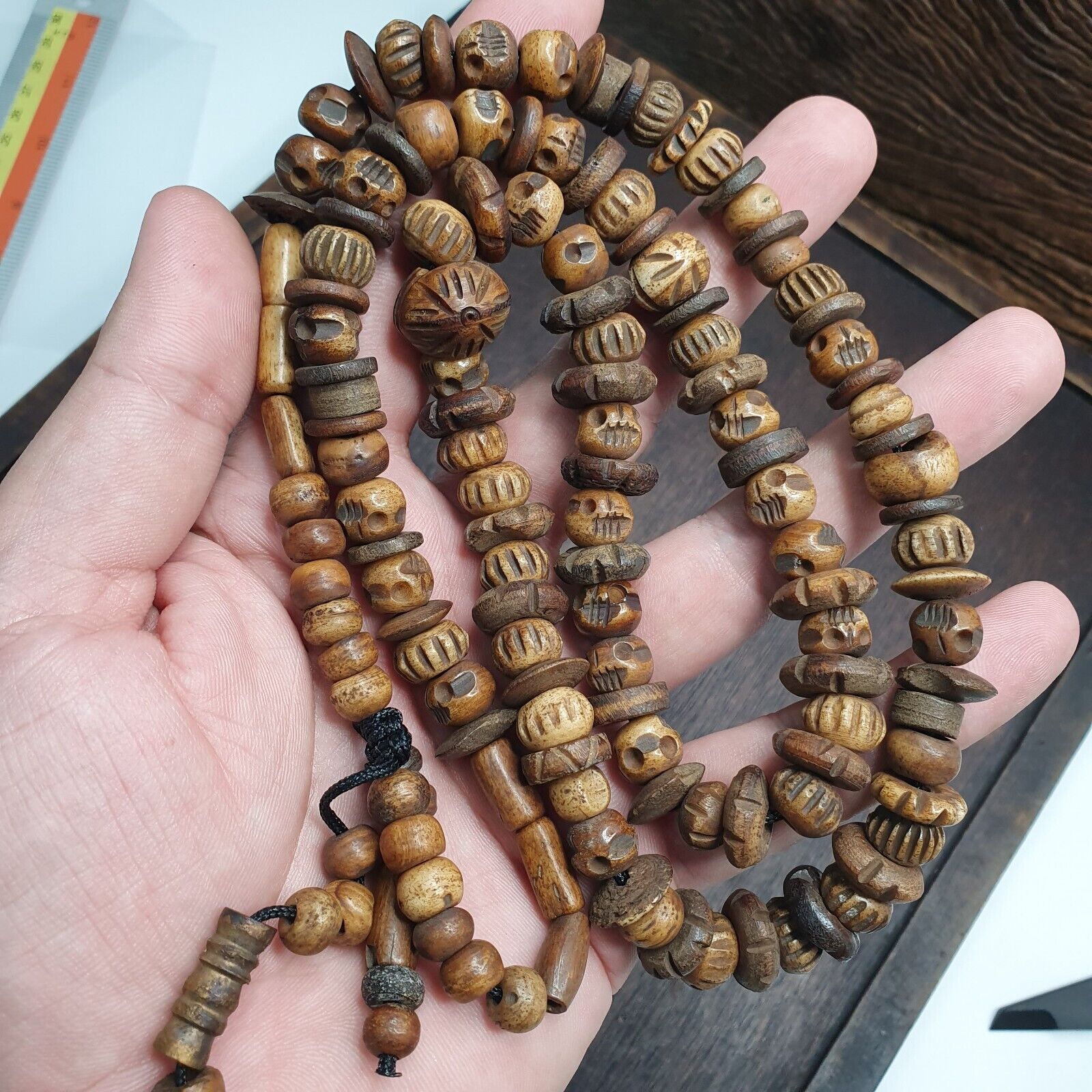 Antique Tibetan Carving Beads Beaded Necklace Long Strand