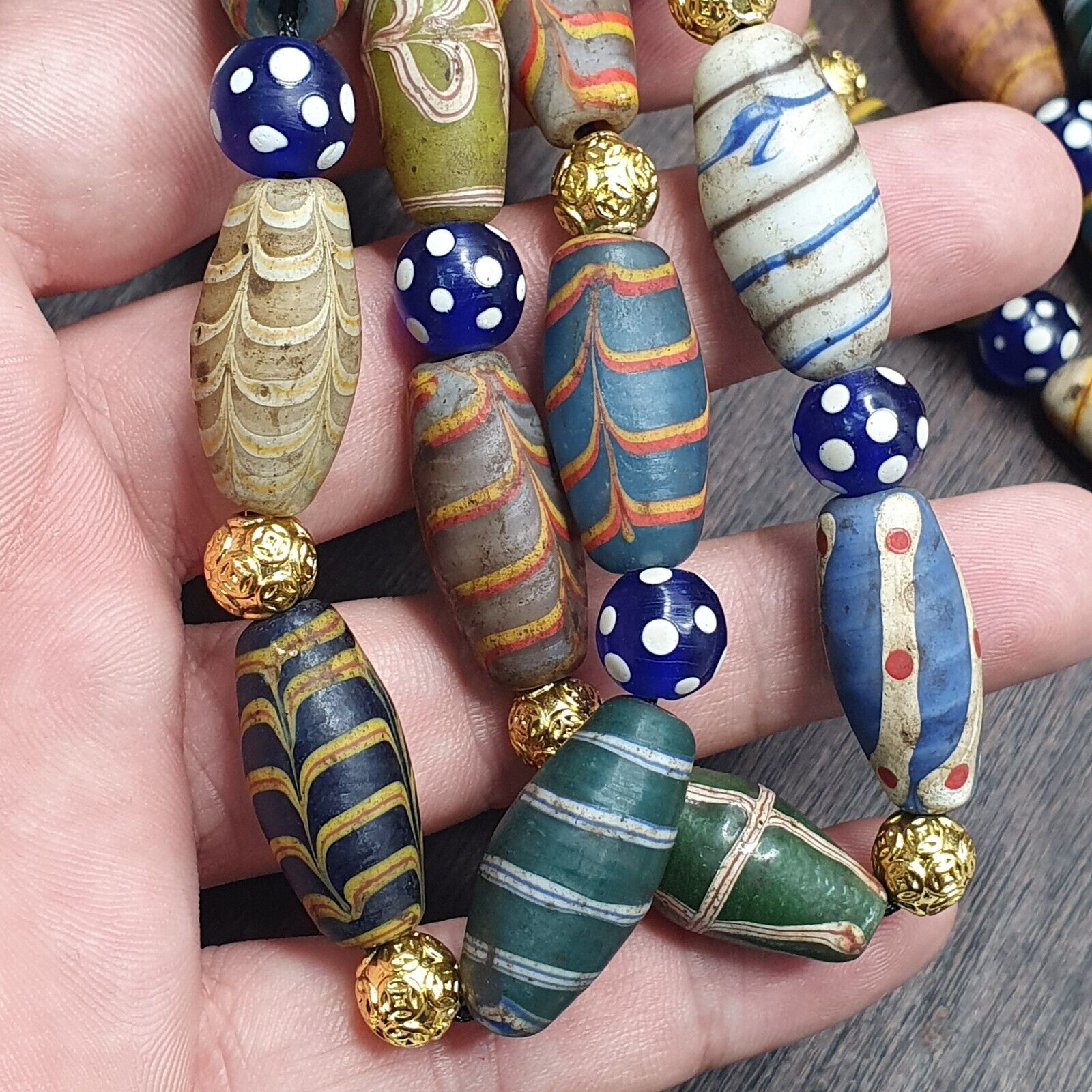 Vintage Beads Collection Feather and Skunk pattern Glass beads Necklace