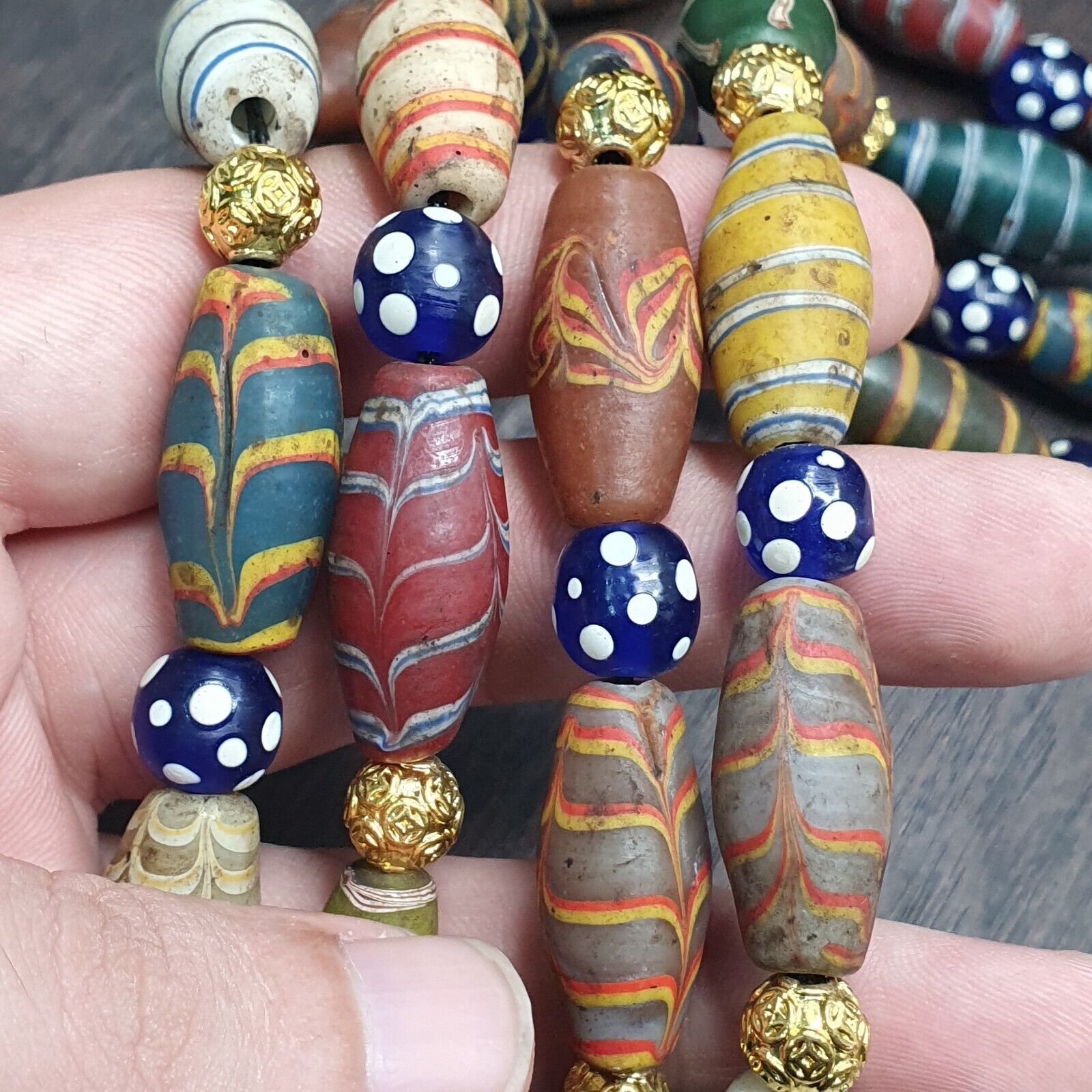 Vintage Beads Collection Feather and Skunk pattern Glass beads Necklace