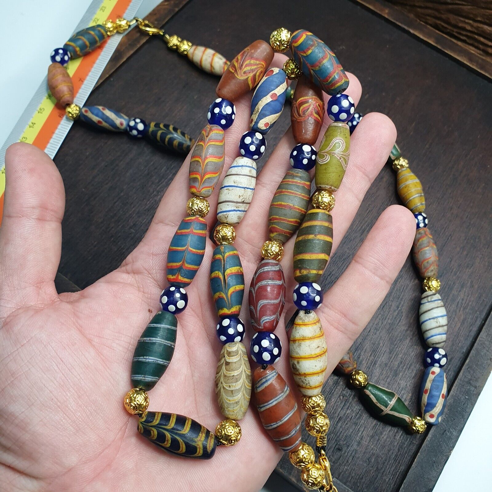 Vintage Beads Collection Feather and Skunk pattern Glass beads Necklace