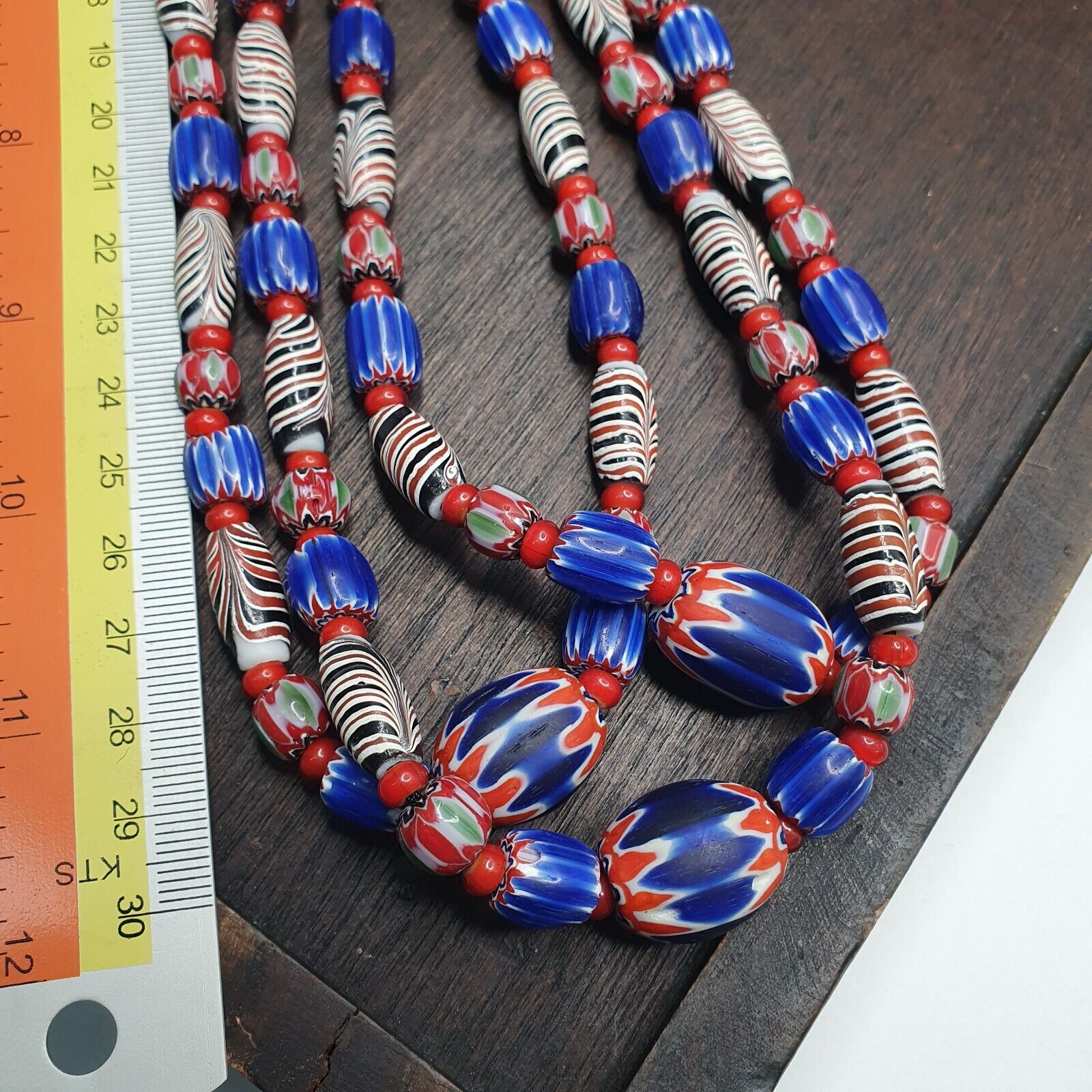 White heart With Venetian Style Chevron, Feather Beads Necklace.