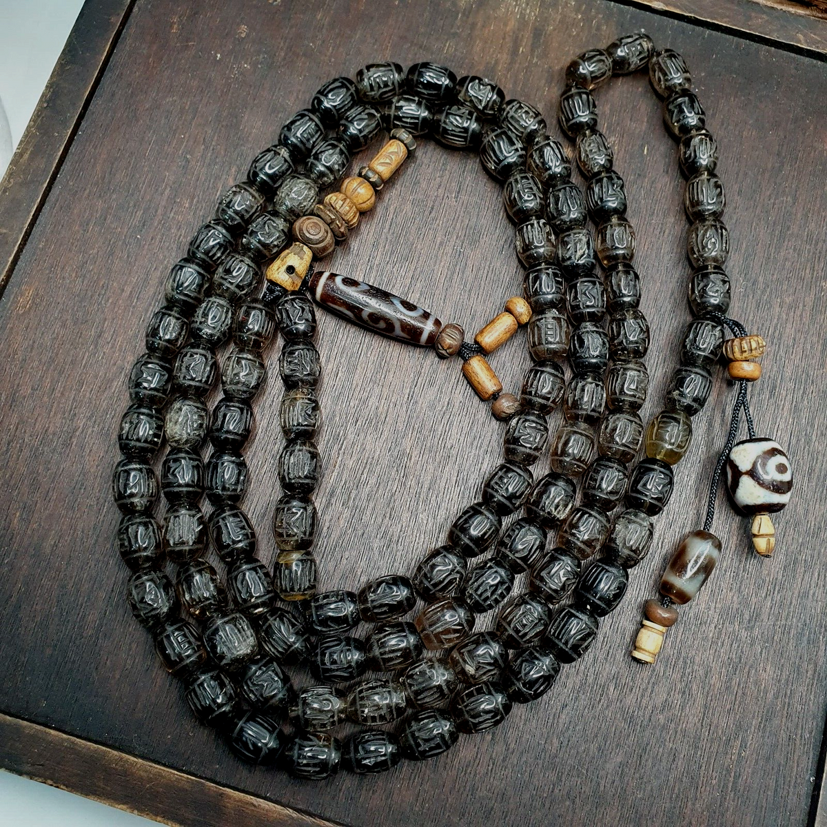 TIBETAN ANTIQUE Carving Smoky Quartz 108 beads with dzi Agate Rosary MALA