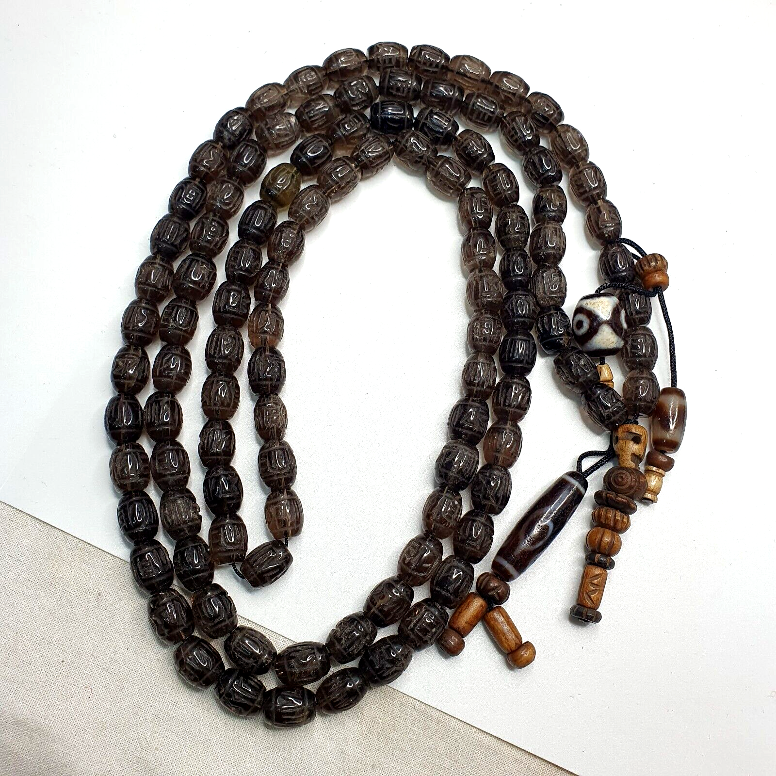 TIBETAN ANTIQUE Carving Smoky Quartz 108 beads with dzi Agate Rosary MALA