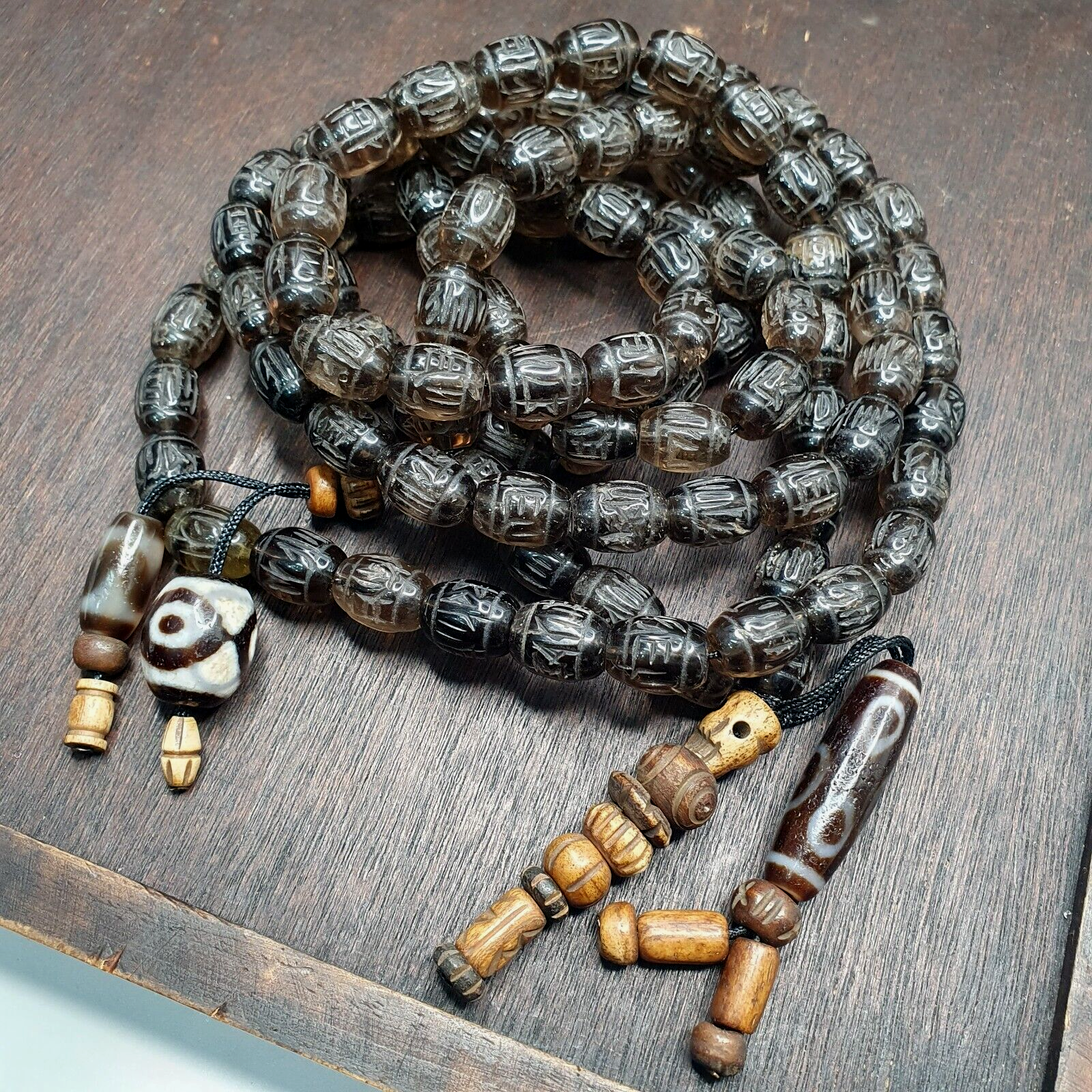 TIBETAN ANTIQUE Carving Smoky Quartz 108 beads with dzi Agate Rosary MALA
