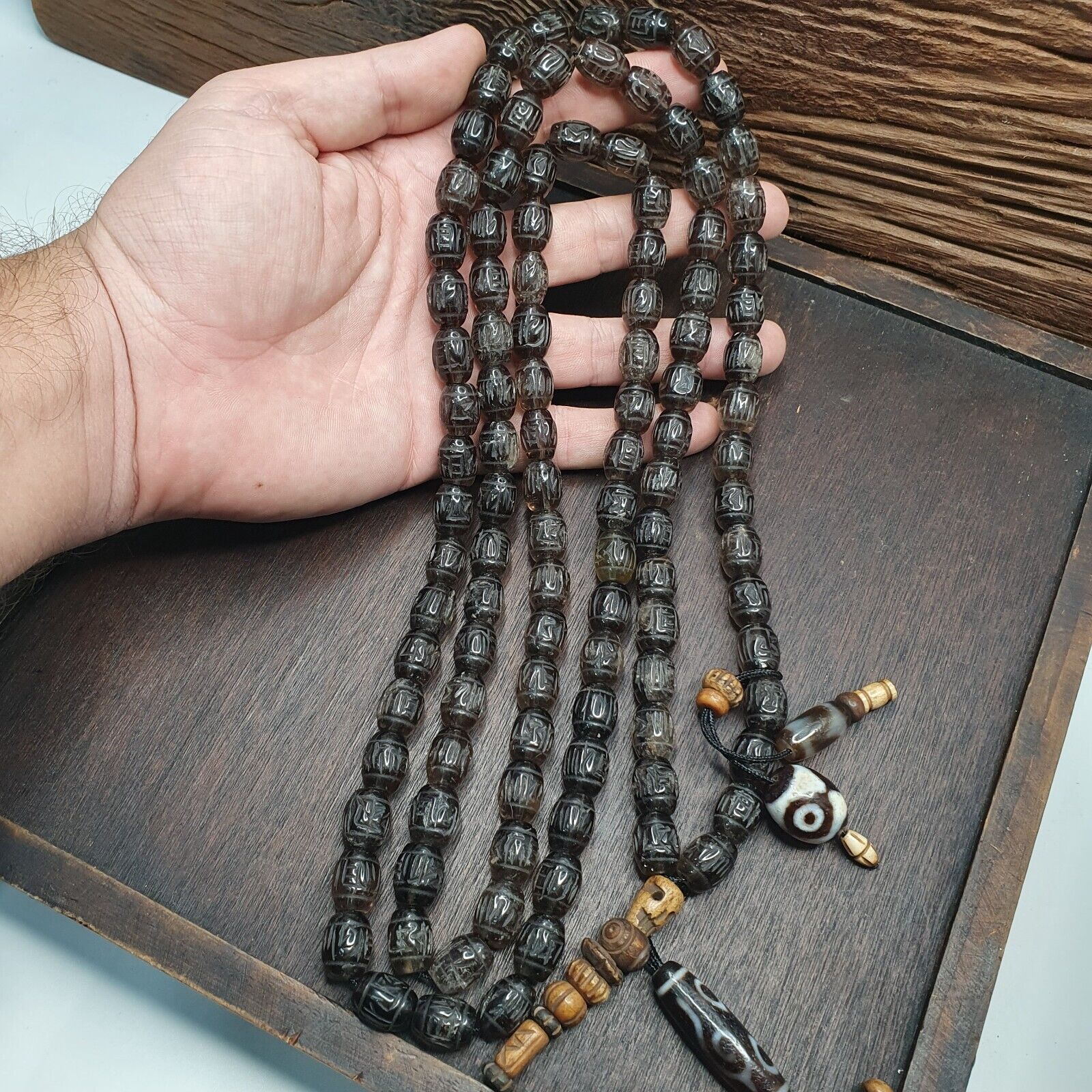 TIBETAN ANTIQUE Carving Smoky Quartz 108 beads with dzi Agate Rosary MALA