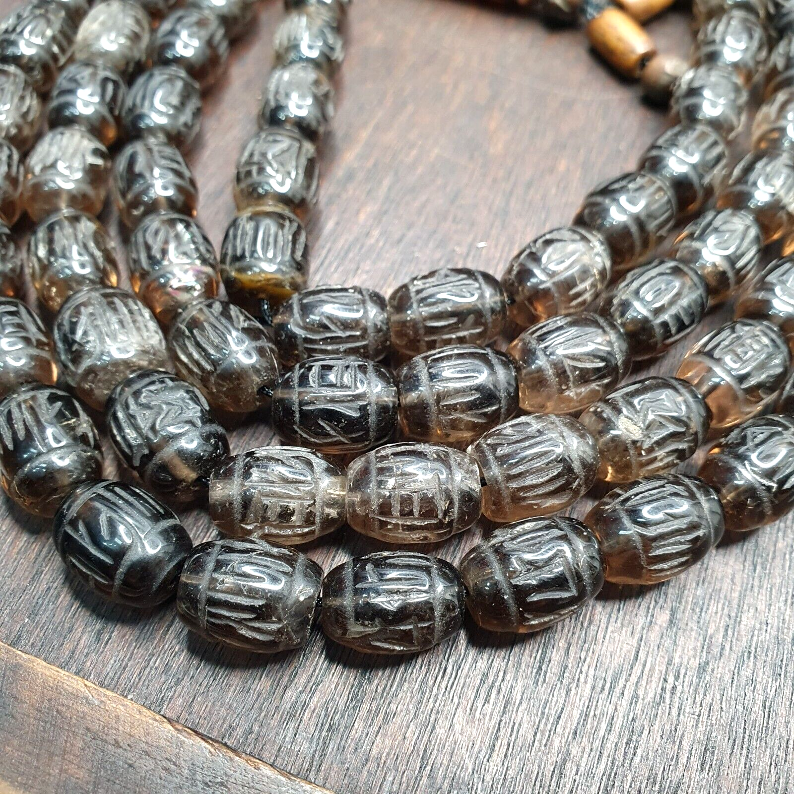 TIBETAN ANTIQUE Carving Smoky Quartz 108 beads with dzi Agate Rosary MALA