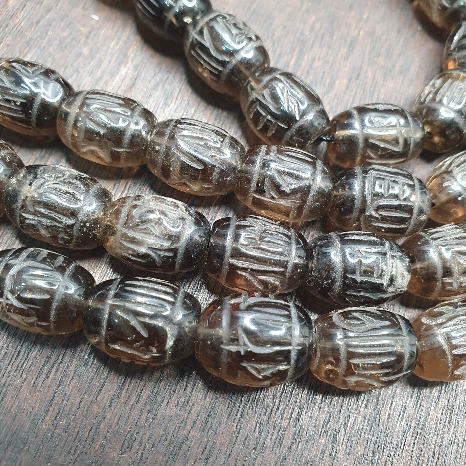 TIBETAN ANTIQUE Carving Smoky Quartz 108 beads with dzi Agate Rosary MALA