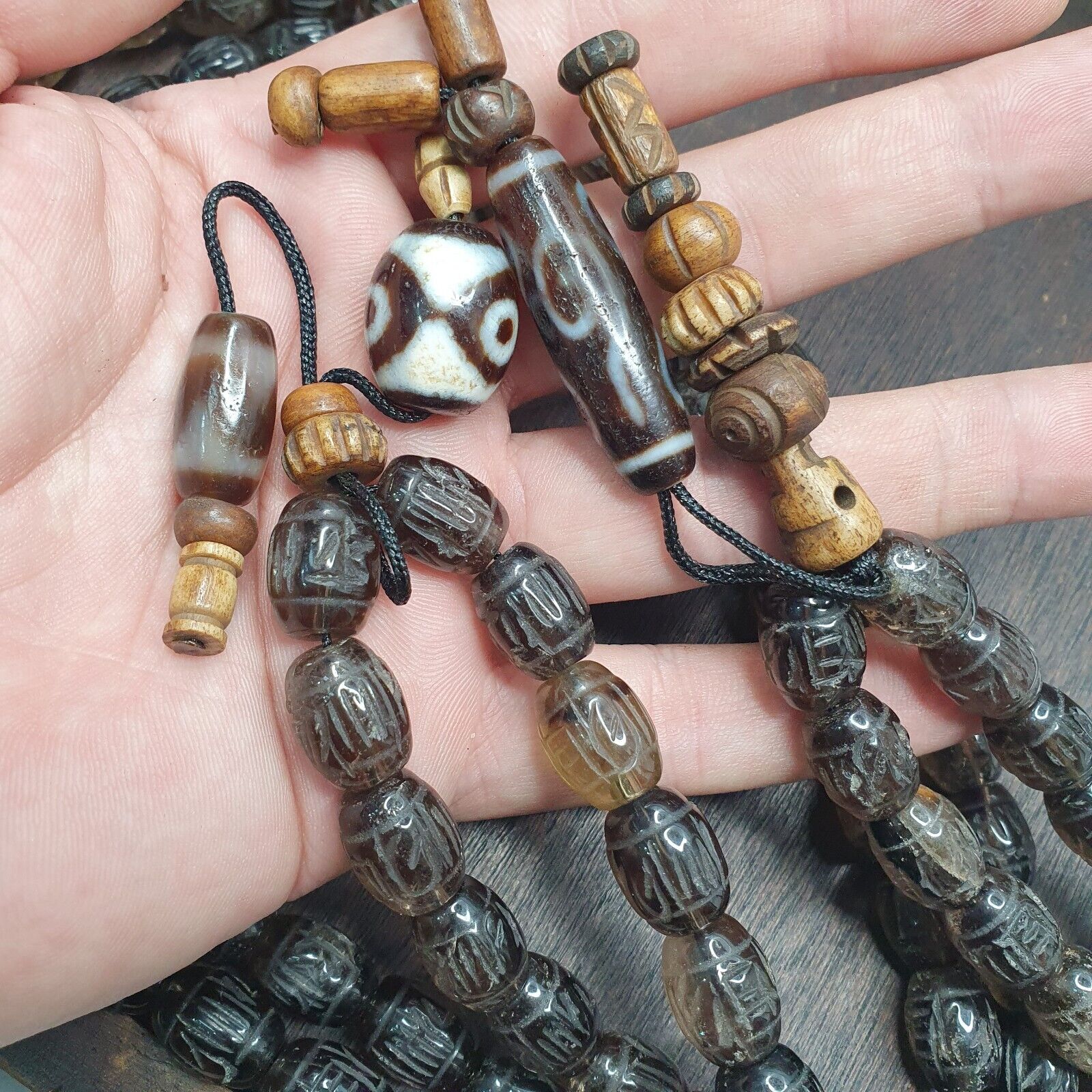 TIBETAN ANTIQUE Carving Smoky Quartz 108 beads with dzi Agate Rosary MALA
