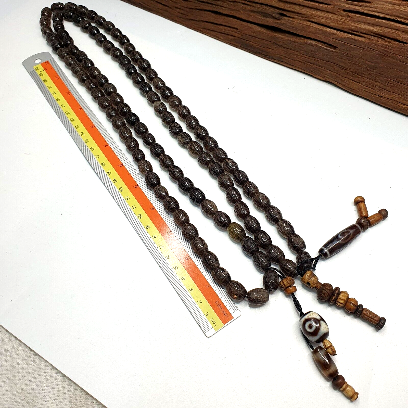 TIBETAN ANTIQUE Carving Smoky Quartz 108 beads with dzi Agate Rosary MALA