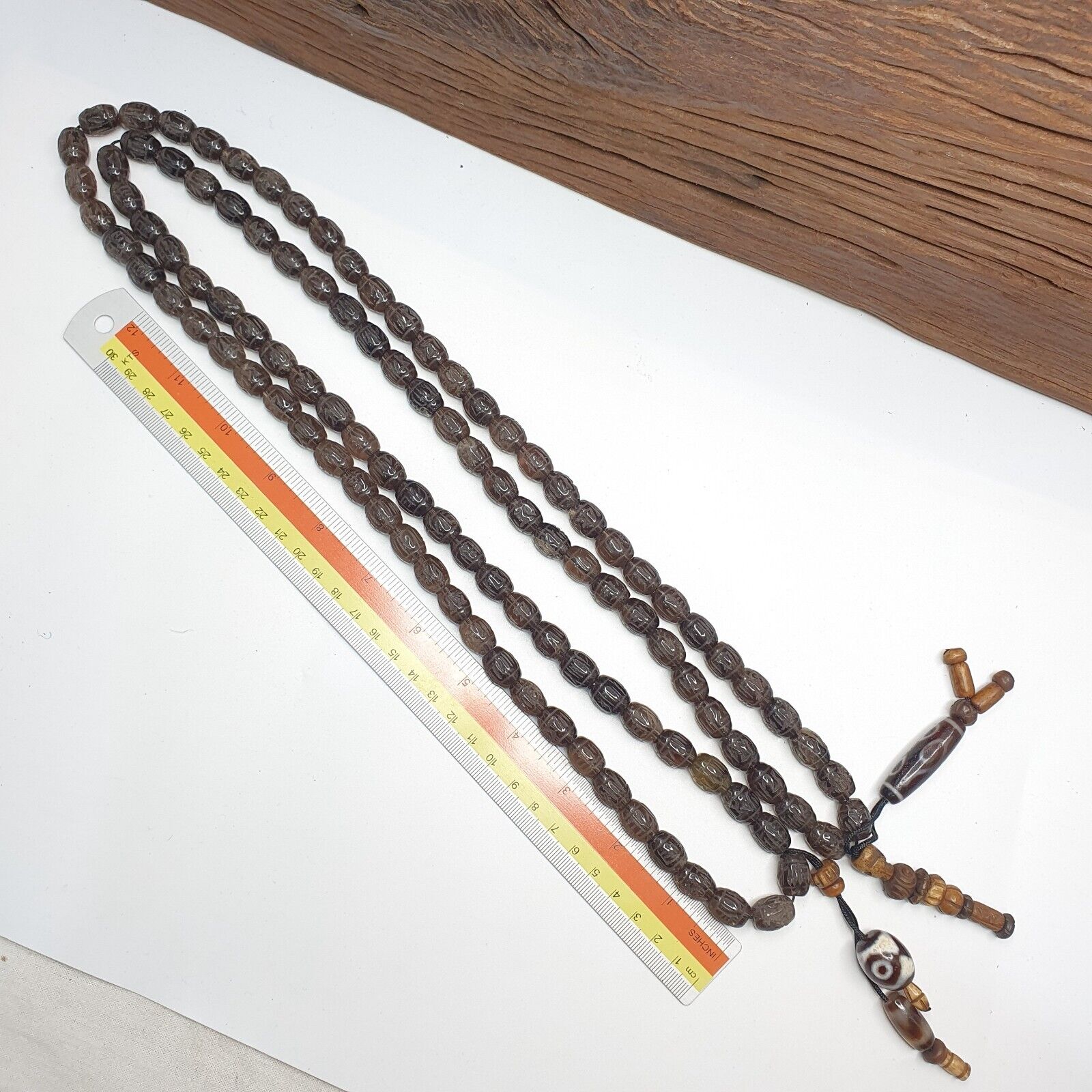 TIBETAN ANTIQUE Carving Smoky Quartz 108 beads with dzi Agate Rosary MALA