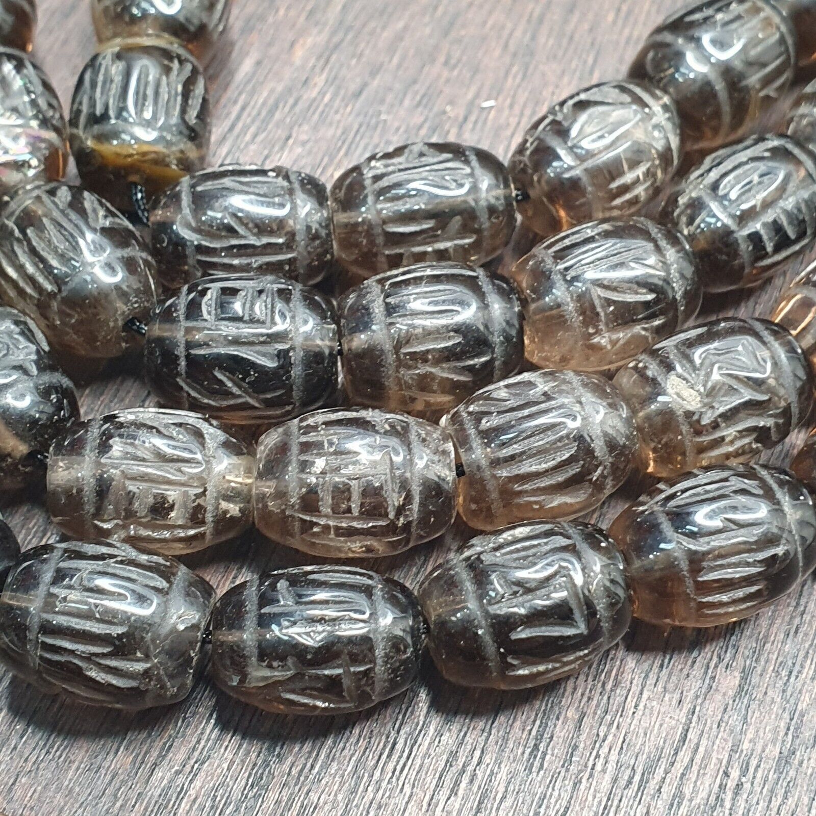 TIBETAN ANTIQUE Carving Smoky Quartz 108 beads with dzi Agate Rosary MALA