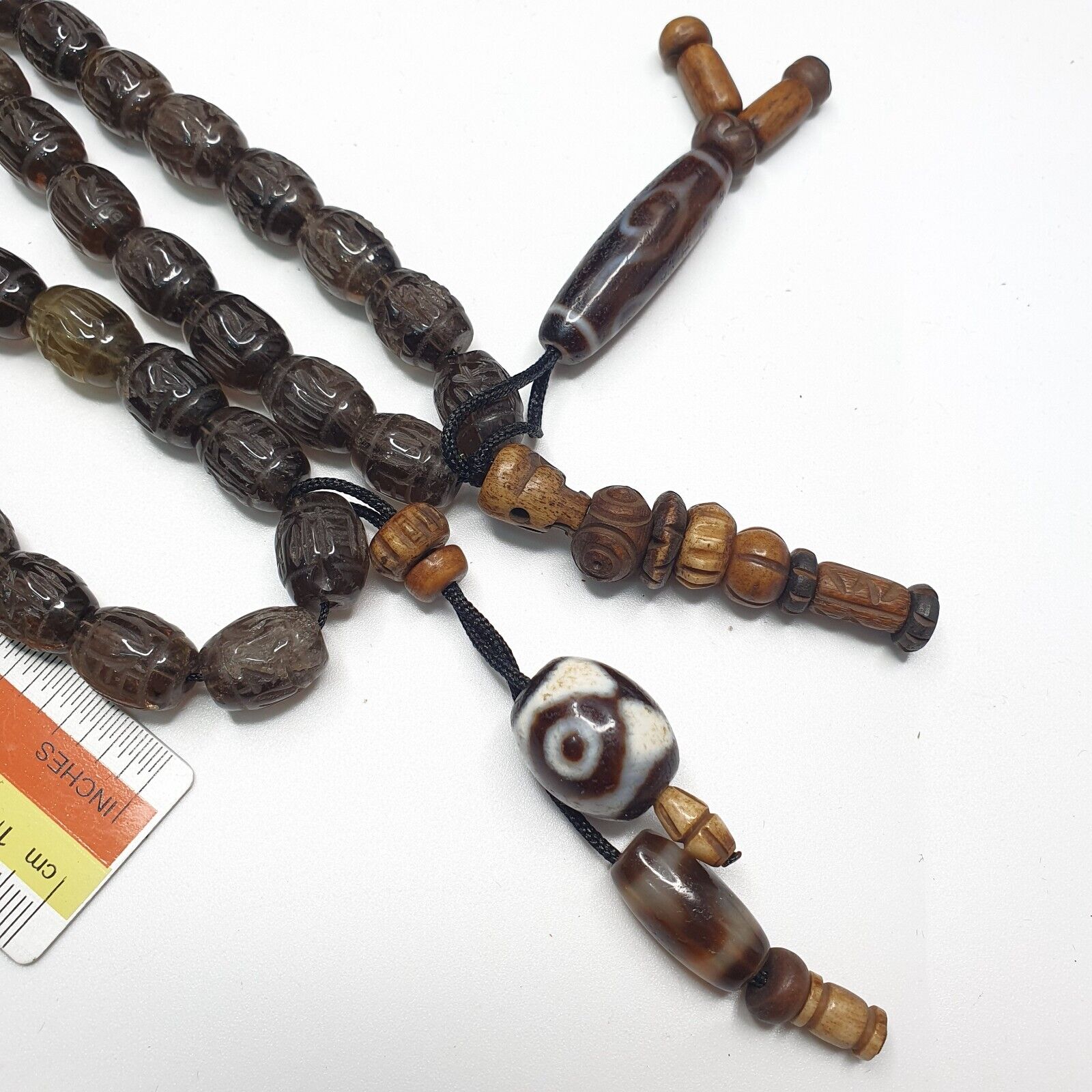 TIBETAN ANTIQUE Carving Smoky Quartz 108 beads with dzi Agate Rosary MALA