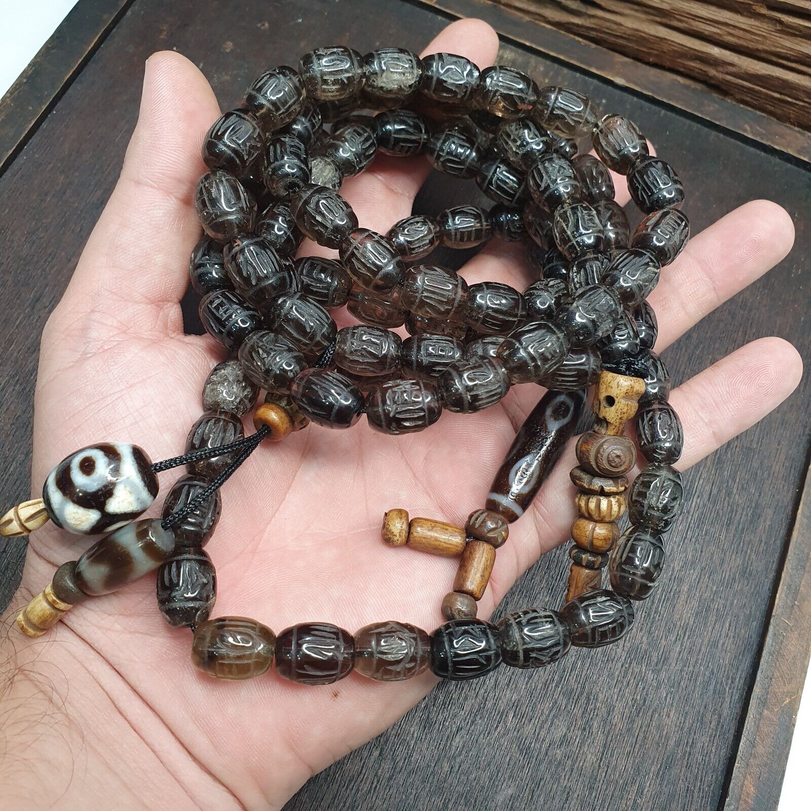TIBETAN ANTIQUE Carving Smoky Quartz 108 beads with dzi Agate Rosary MALA